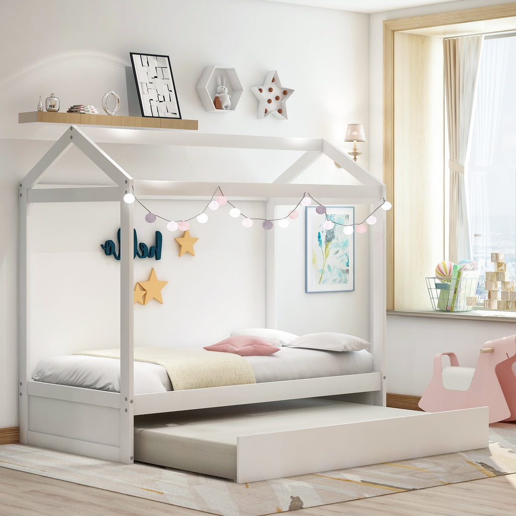 Twin house bed roof eaves decoration with ribbons or lights