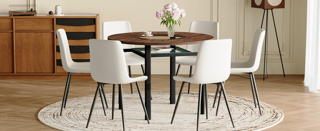 Table and chair set.42 inch modern minimalist brown wood grain round dining table set.Paired with 6 Black Artificial PU Chairs With Curved Widened Cushion Design. Suitable for dining rooms,office,etc.