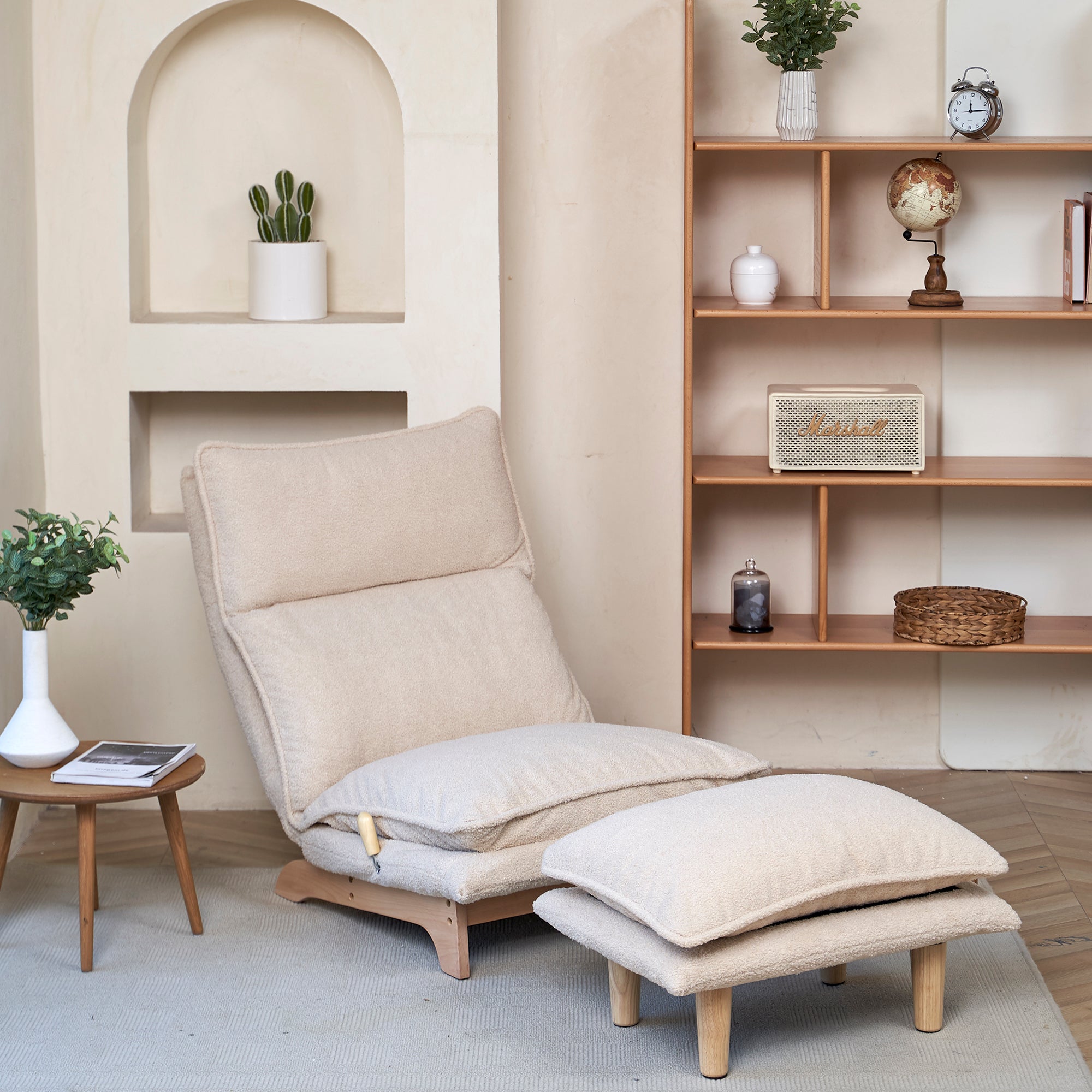 Beige foldable chair on balcony or reading nook