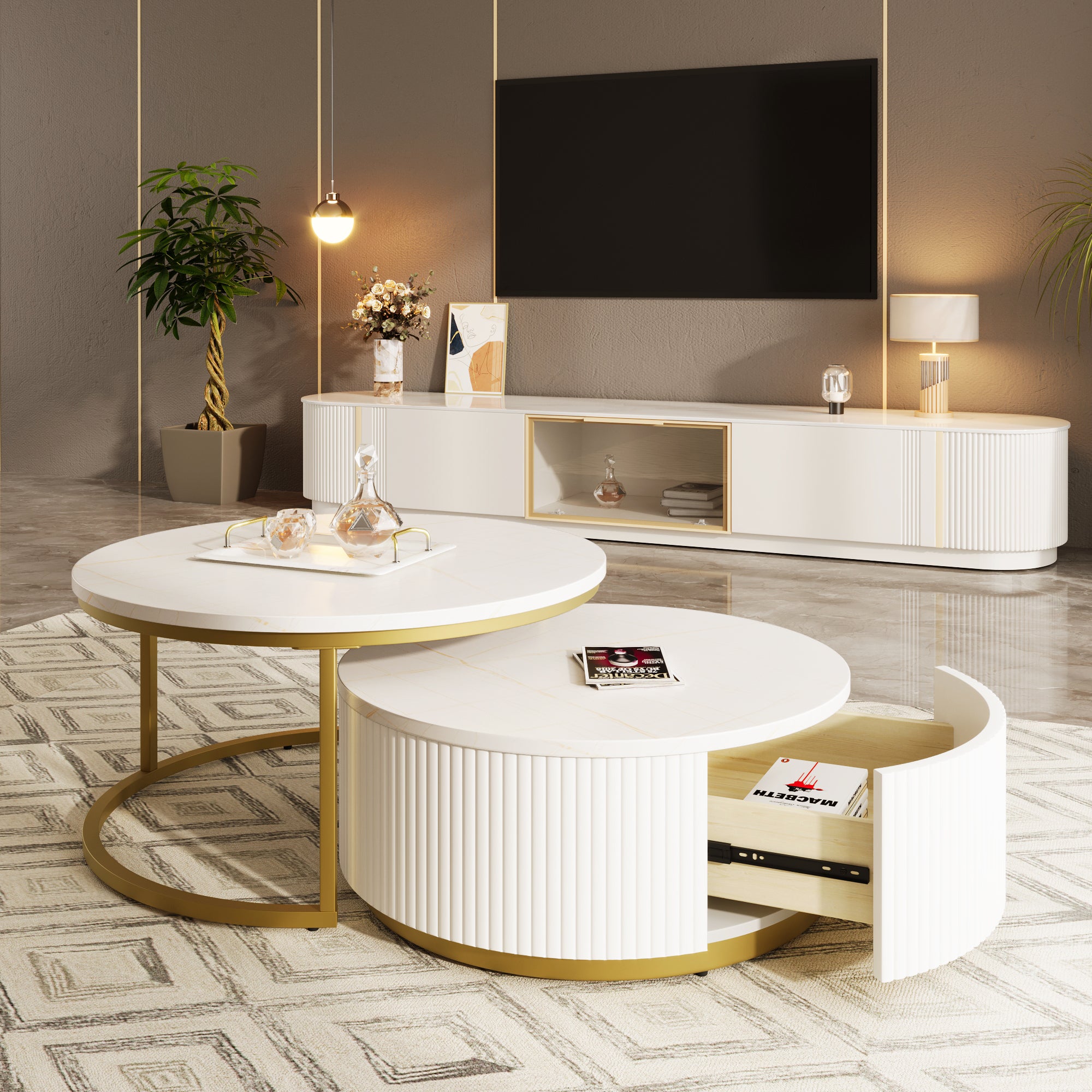 Nesting coffee table set with fluted base in living room
