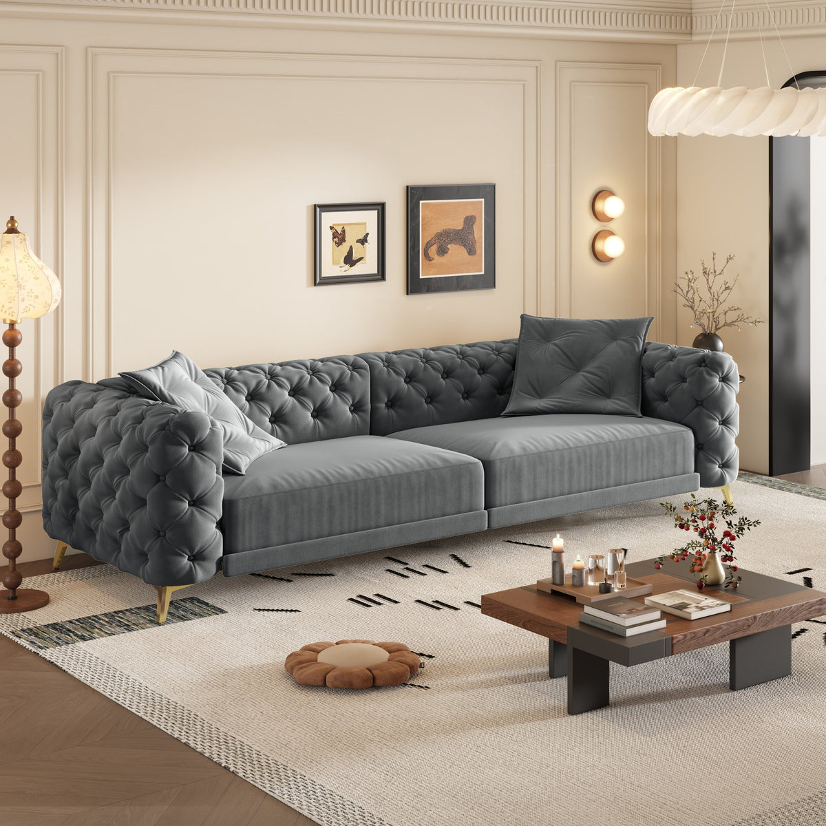 97.7' 3-in-1 Convertible Sleeper Sofa, 28.4' Deep Seat Pull Out Sofa Bed,Button Tufted Modern Sofa, 4-Seater Couch with Movable Ottoman for Apartment, Office, Bedroom,Beige/White