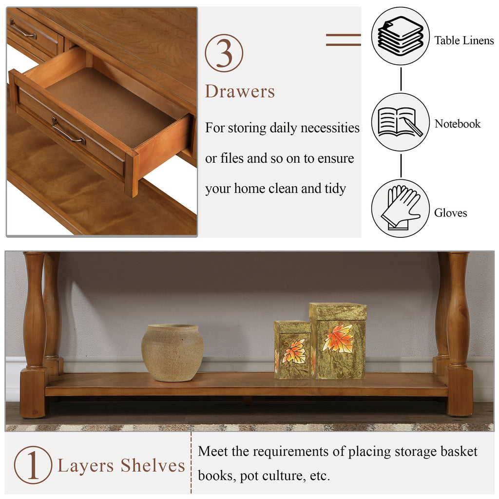 Console table three drawer storage brown distressed finish