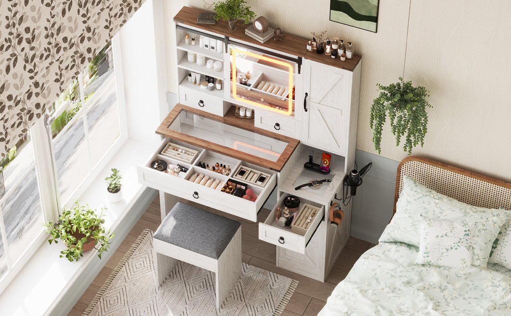 Farmhouse Vanity Desk with Sliding Mirror and Lights, Vanity Set with Glass Top and Charging Station ,Dressing Table with 4 Drawers and 2 Cabinets, Dressing Table with Stool for Bedroom, Gray