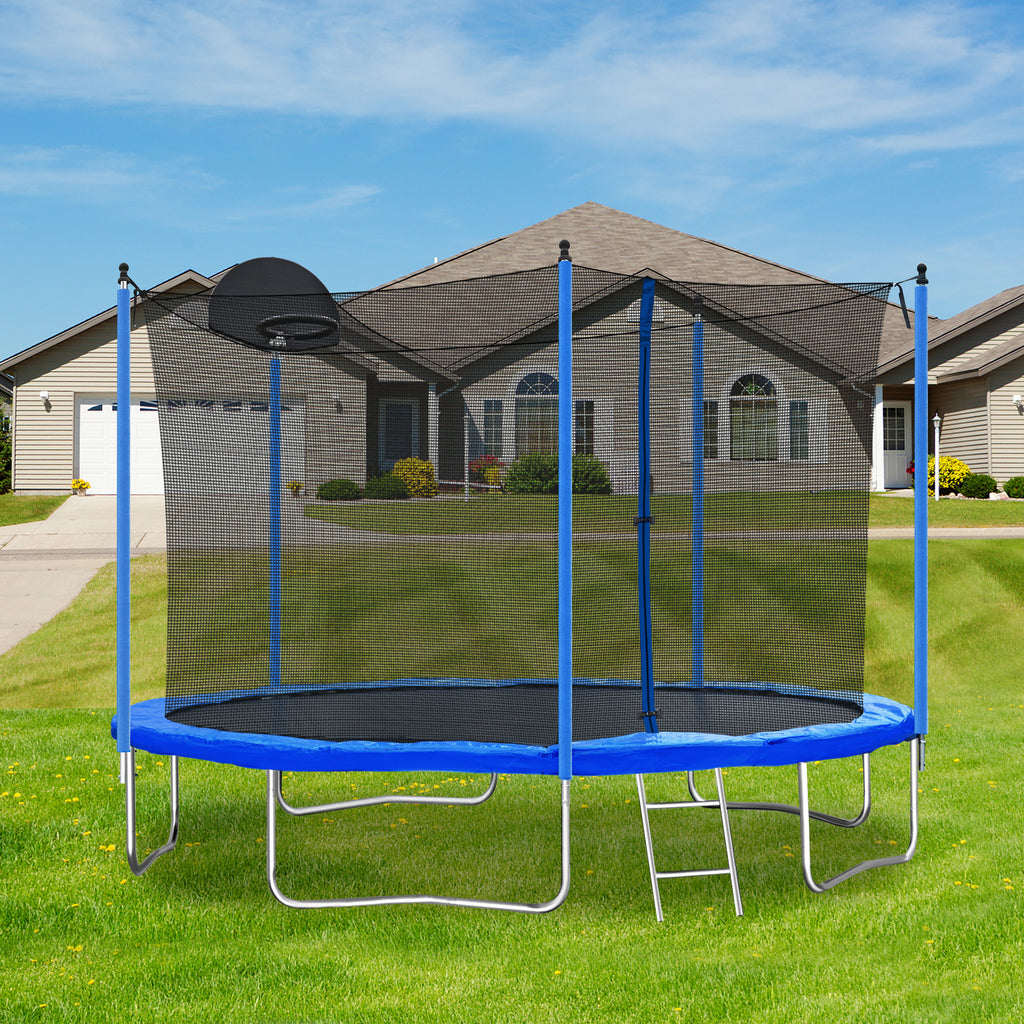 Blue trampoline full safety enclosure zippered door