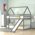 Gray house-shape twin over twin bunk bed with slide — front view