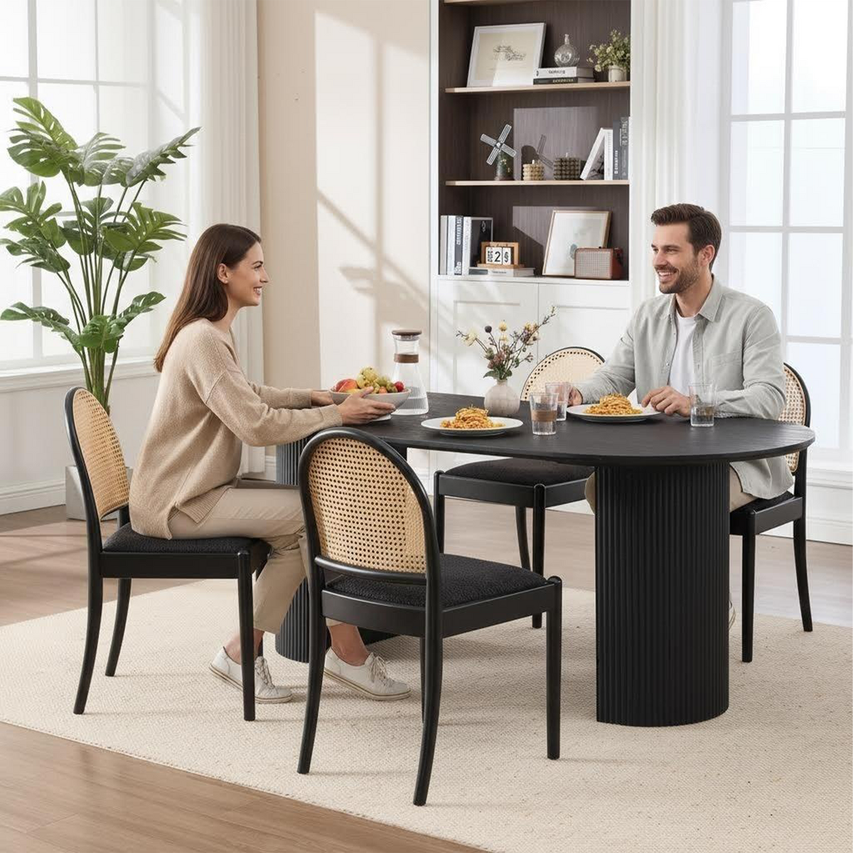 Rattan Dining Chairs Set of 2, Upholstered Linen Dining Room Chairs with Backrests, Modern Kitchen Chairs with Wood Legs for Dining Room, Beige