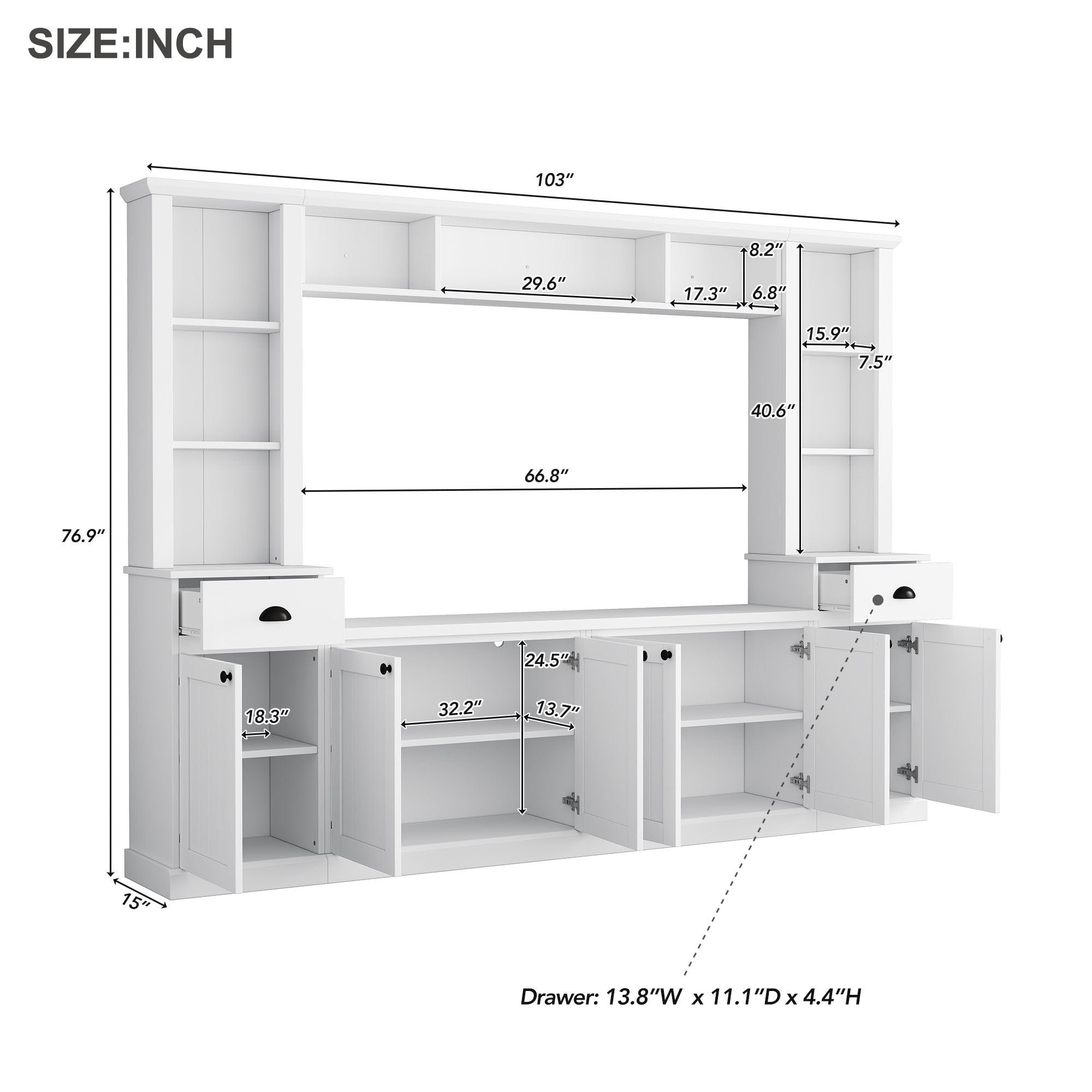 Modern white wall unit entertainment center with adjustable bridge