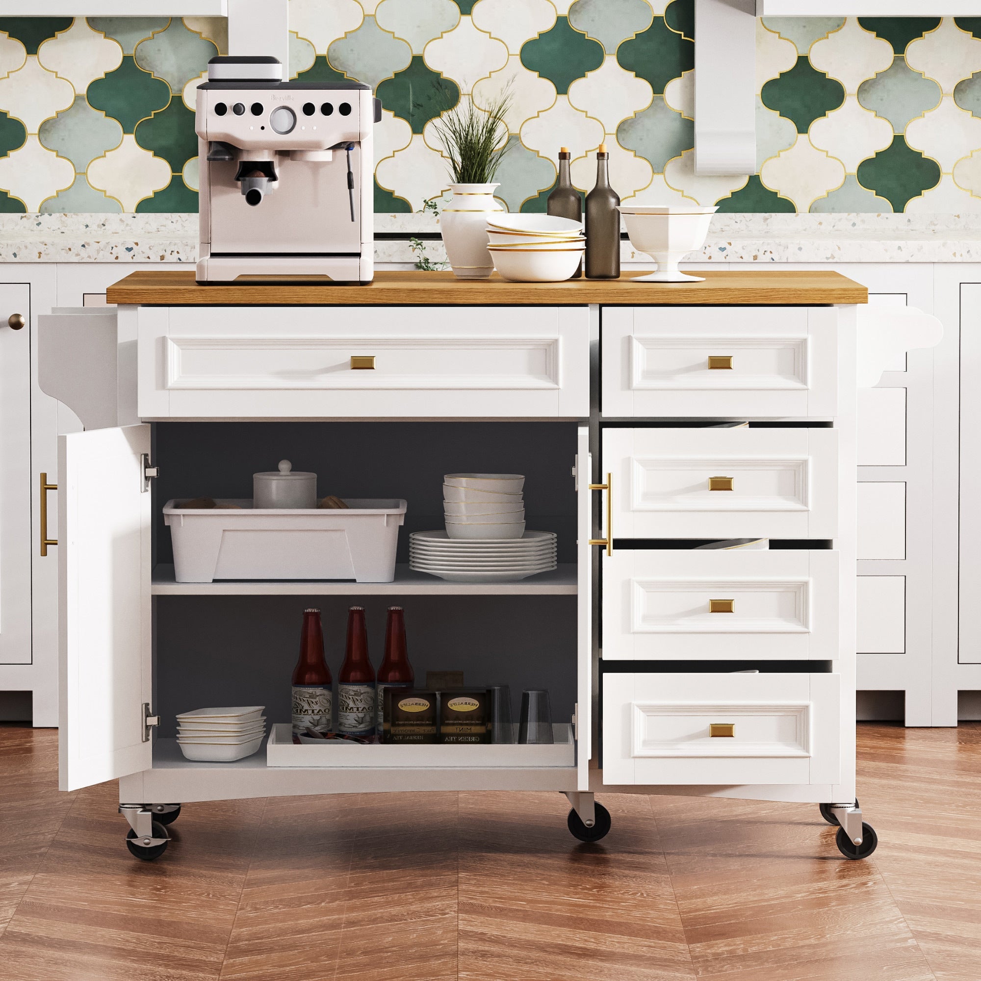 K&K 52'' Kitchen Island with Drop Leaf, Embossed Texture Kitchen Island on Wheels with Spice Rack, Towel Rack, 2 Doors and 5 Drawers, Kitchen Storage Cart with Adjustable Shelf for Kitchen, Blue Grey