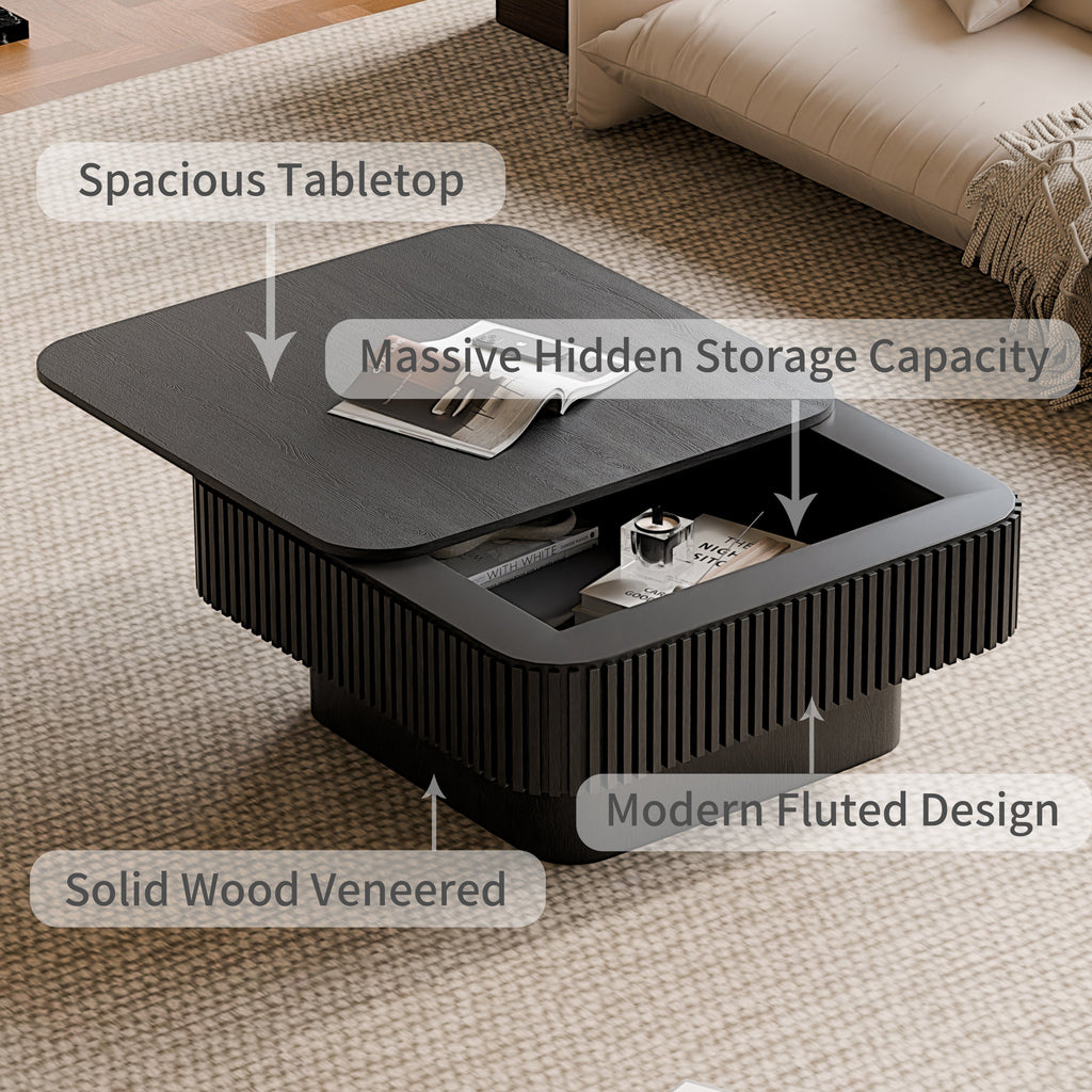 31.5'' Square Coffee Table with Storage Solid Wood Veneered Modern Coffee Table Accent Tea Table for Living Room, Bedroom, Apartment or Office, Natural Wood