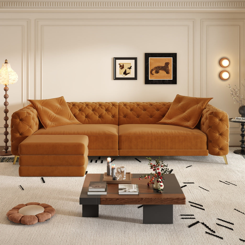 97.7' 3-in-1 Convertible Sleeper Sofa, 28.4' Deep Seat Pull Out Sofa Bed,Button Tufted Modern Sofa, 4-Seater Couch with Movable Ottoman for Apartment, Office, Bedroom,Beige/White