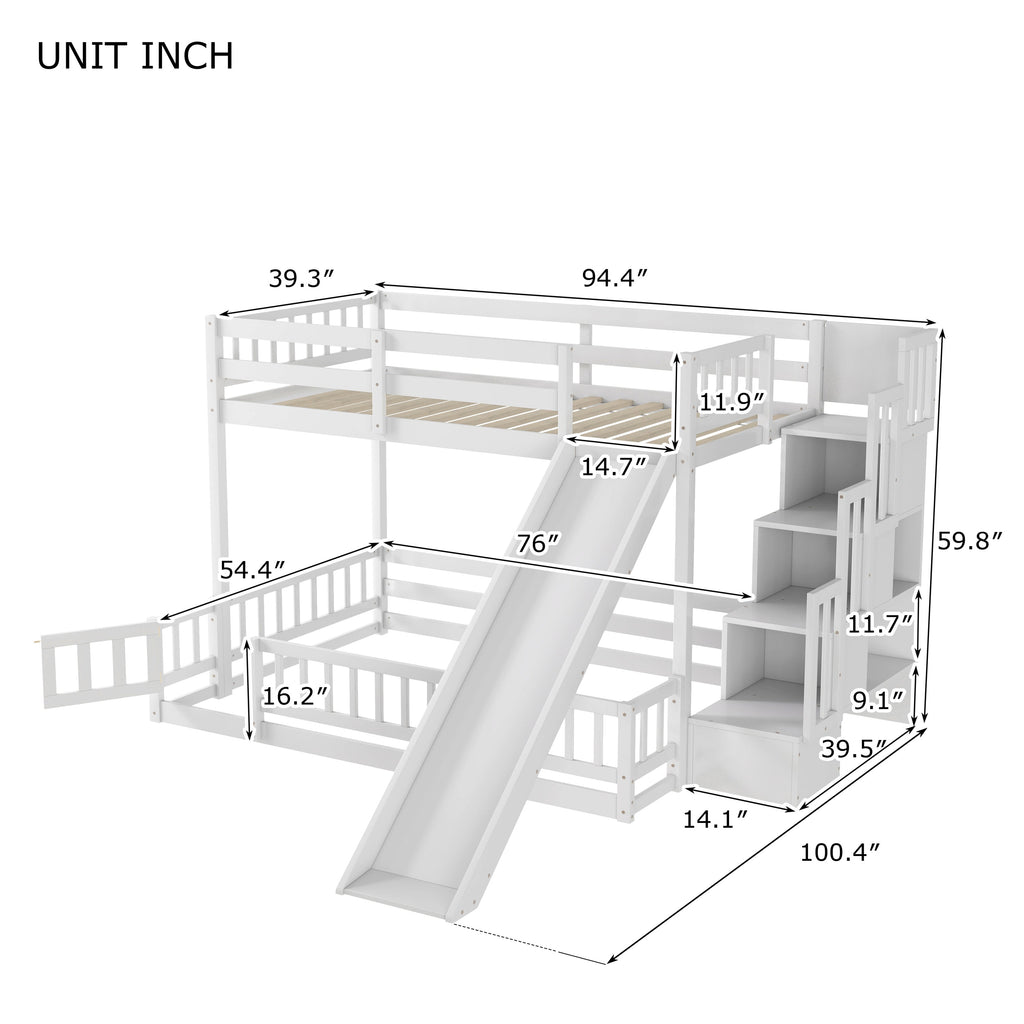 Twin Over Full Bunk Bed with Slide, Storage Staircase, Pine Solid Wooden Bunk Bed with Safety Guardrails ,Grey (Old Sku W504S00184)