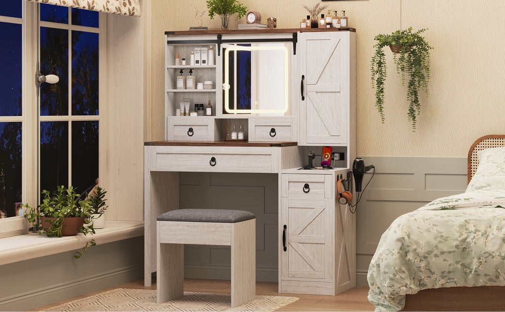 Farmhouse Vanity Desk with Sliding Mirror and Lights, Vanity Set with Glass Top and Charging Station ,Dressing Table with 4 Drawers and 2 Cabinets, Dressing Table with Stool for Bedroom, Gray