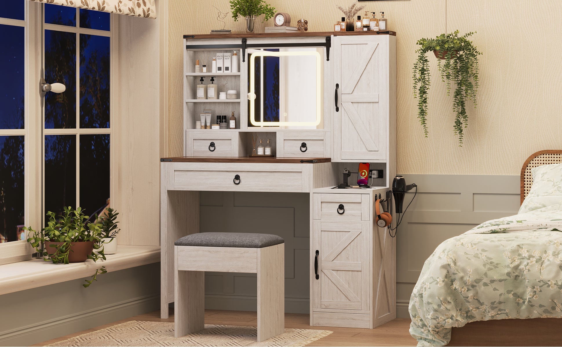 Farmhouse Vanity Desk with Sliding Mirror and Lights, Vanity Set with Glass Top and Charging Station ,Dressing Table with 4 Drawers and 2 Cabinets, Dressing Table with Stool for Bedroom, Gray