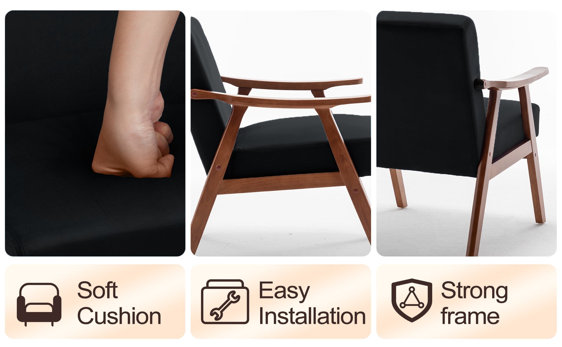 Velvet Mid-Century Wingback Accent Chair — Wood Frame & Thick Backrest