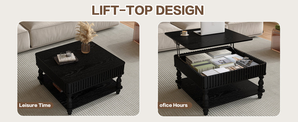 31.5 Inch Square Fluted Lift-Top Coffee Table with Hidden & Open Storage, Hydraulic Raising Mechanism, Retro Solid Wood Legs for Living Room, Sofa (Natural Wood)