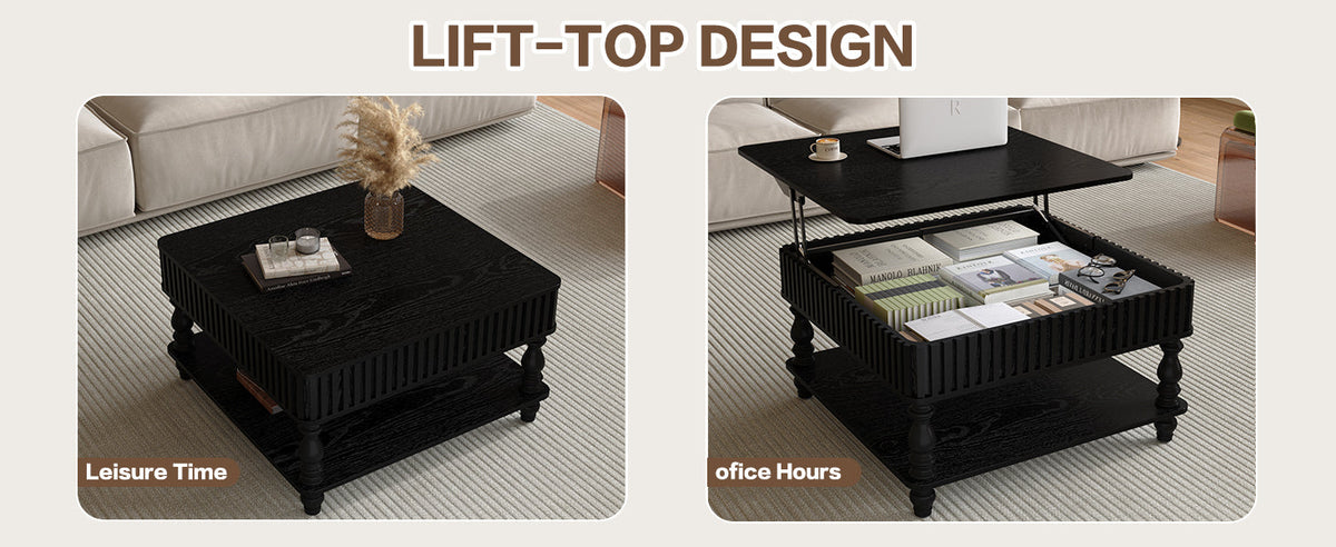 31.5 Inch Square Fluted Lift-Top Coffee Table with Hidden & Open Storage, Hydraulic Raising Mechanism, Retro Solid Wood Legs for Living Room, Sofa (Natural Wood)