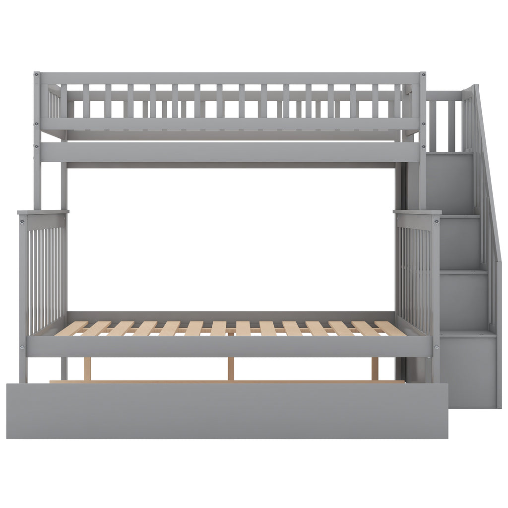 Staircase storage cubbies under gray bunk bed stairs