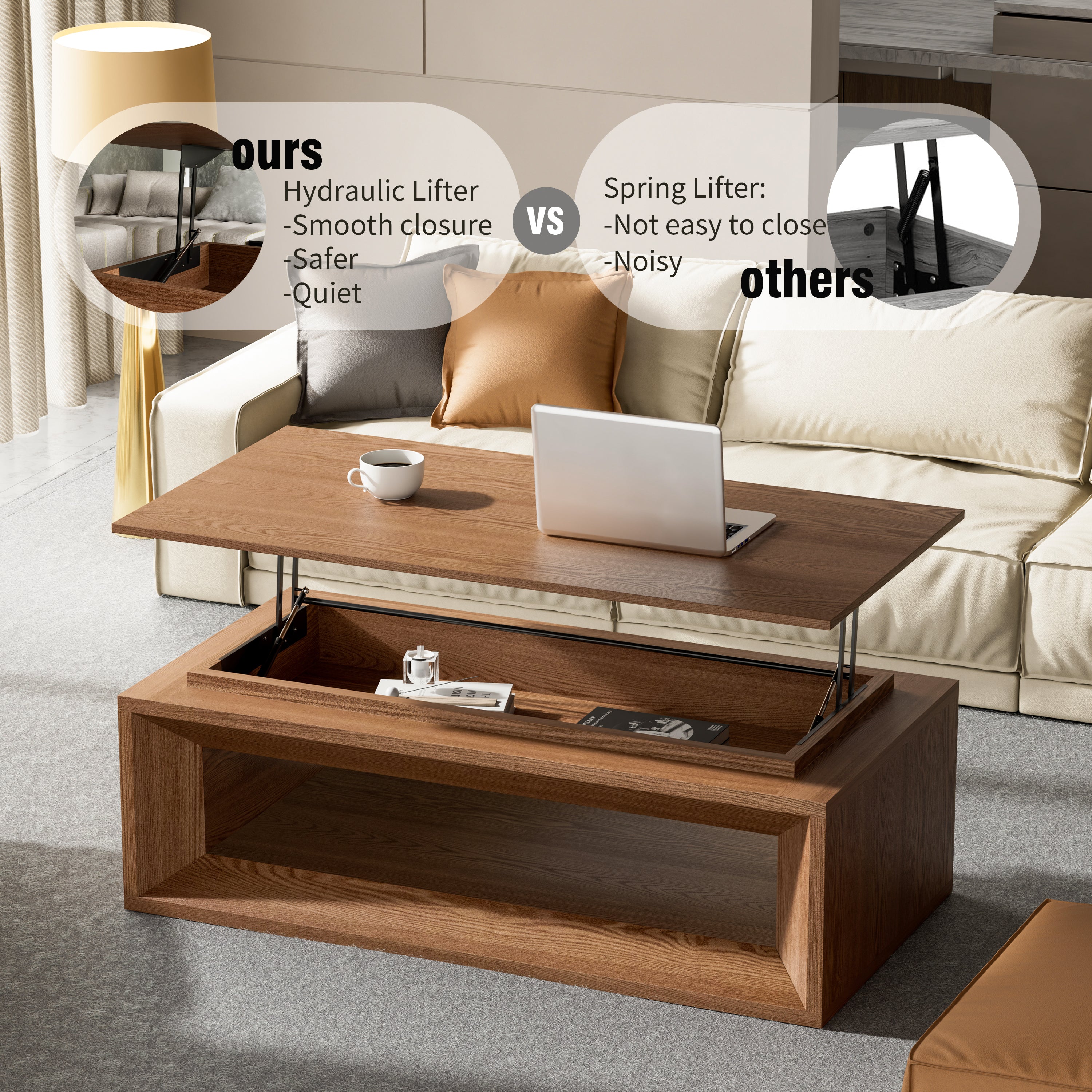 Lift-top center table product overview walnut finish