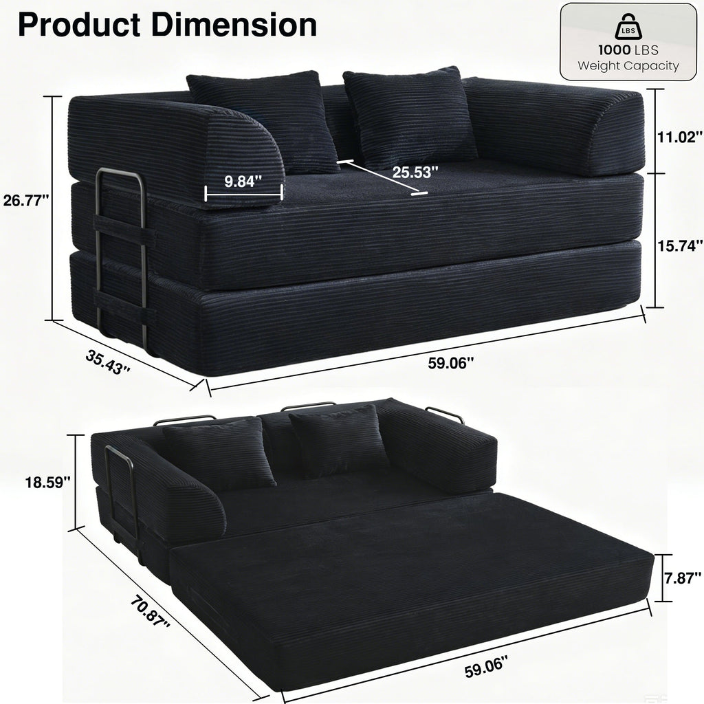 Convertible Sleeper Sofa Bed, Corduroy Folding Mattress Couch with Fixed-Shape Frame, Floor Sofa Lounge Couch Boneless Sofa for Living Room Bedroom, Light Gray