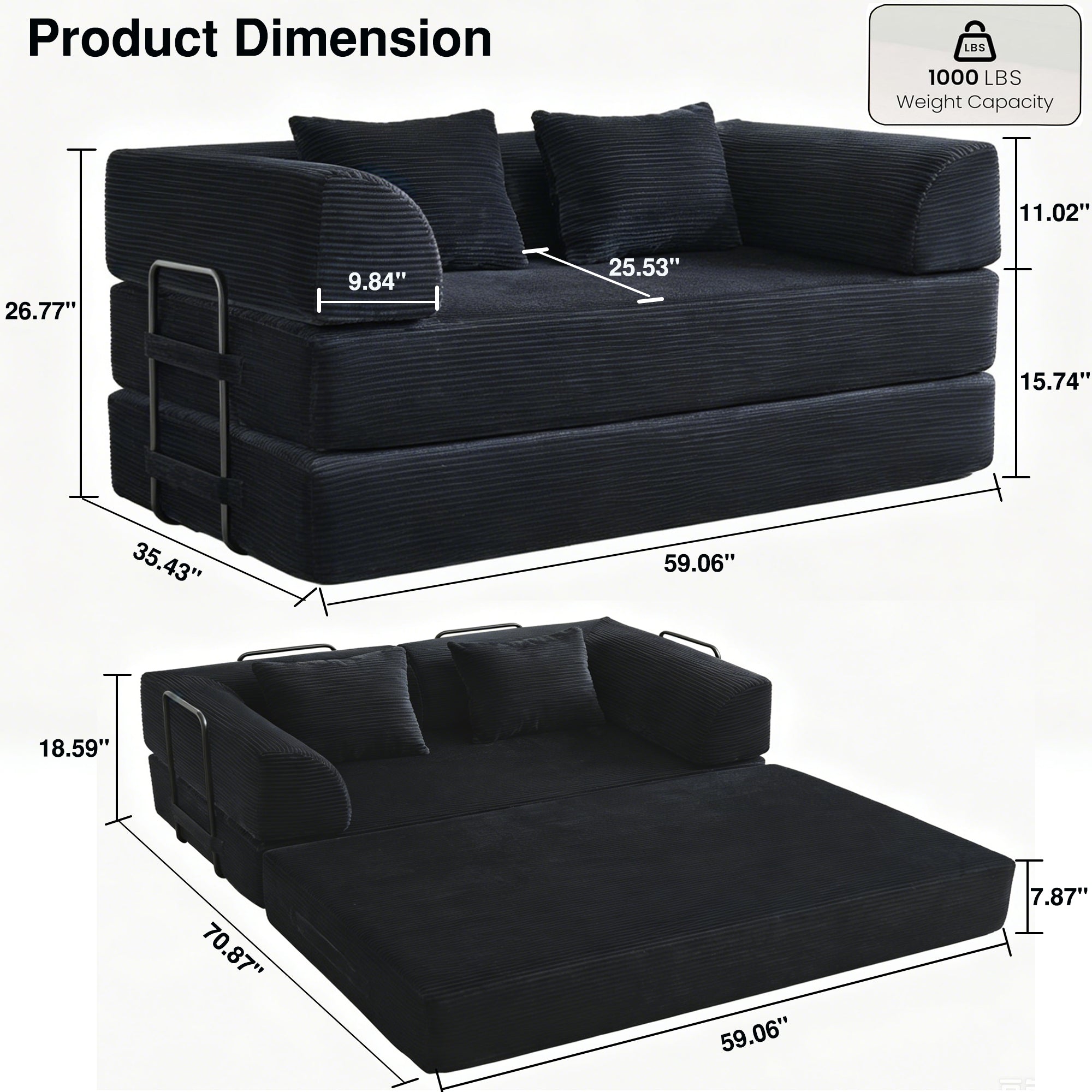 Convertible Sleeper Sofa Bed, Corduroy Folding Mattress Couch with Fixed-Shape Frame, Floor Sofa Lounge Couch Boneless Sofa for Living Room Bedroom, Light Gray
