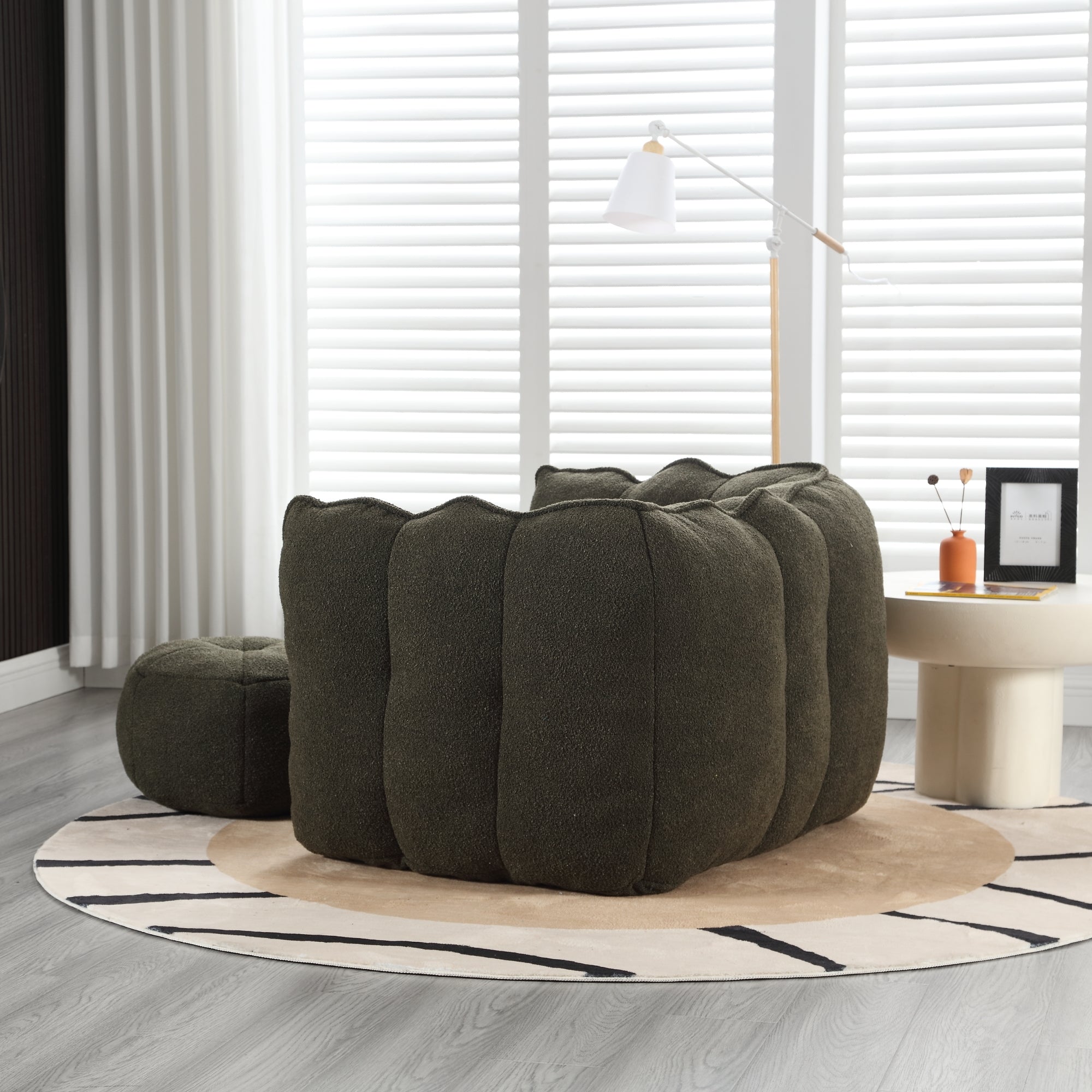 Bean bag chair with footstool side profile