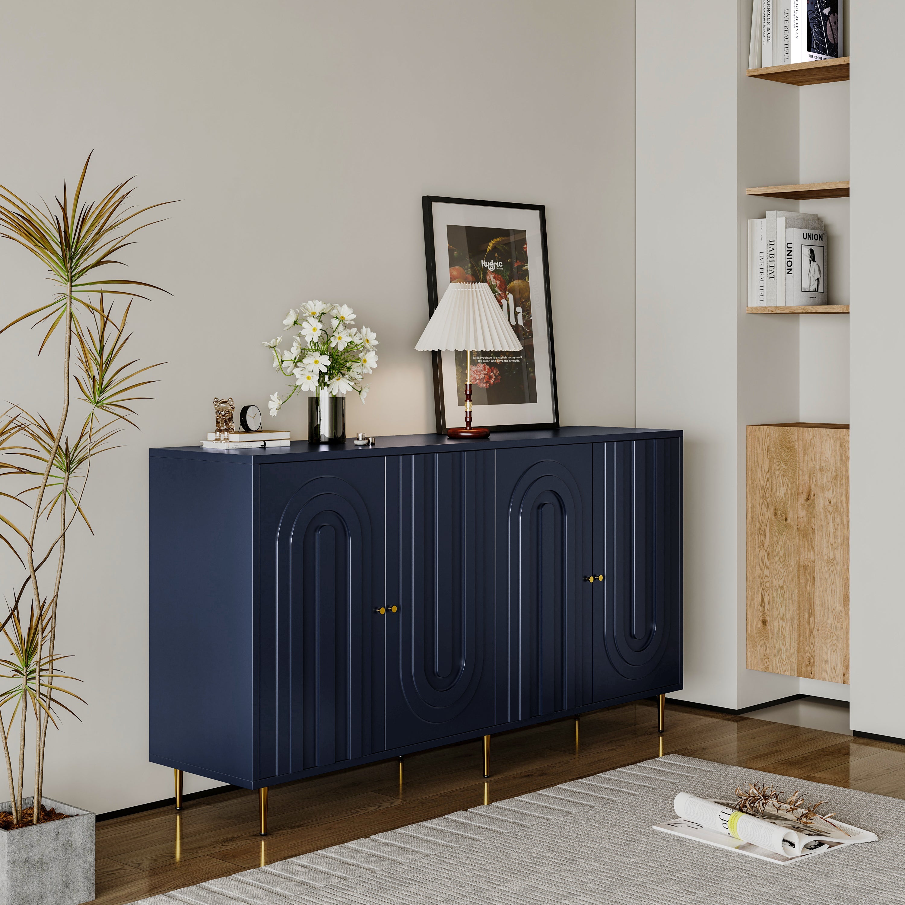 60" 4-Door Lacquered Sideboard — Gold Metal Legs & Knobs