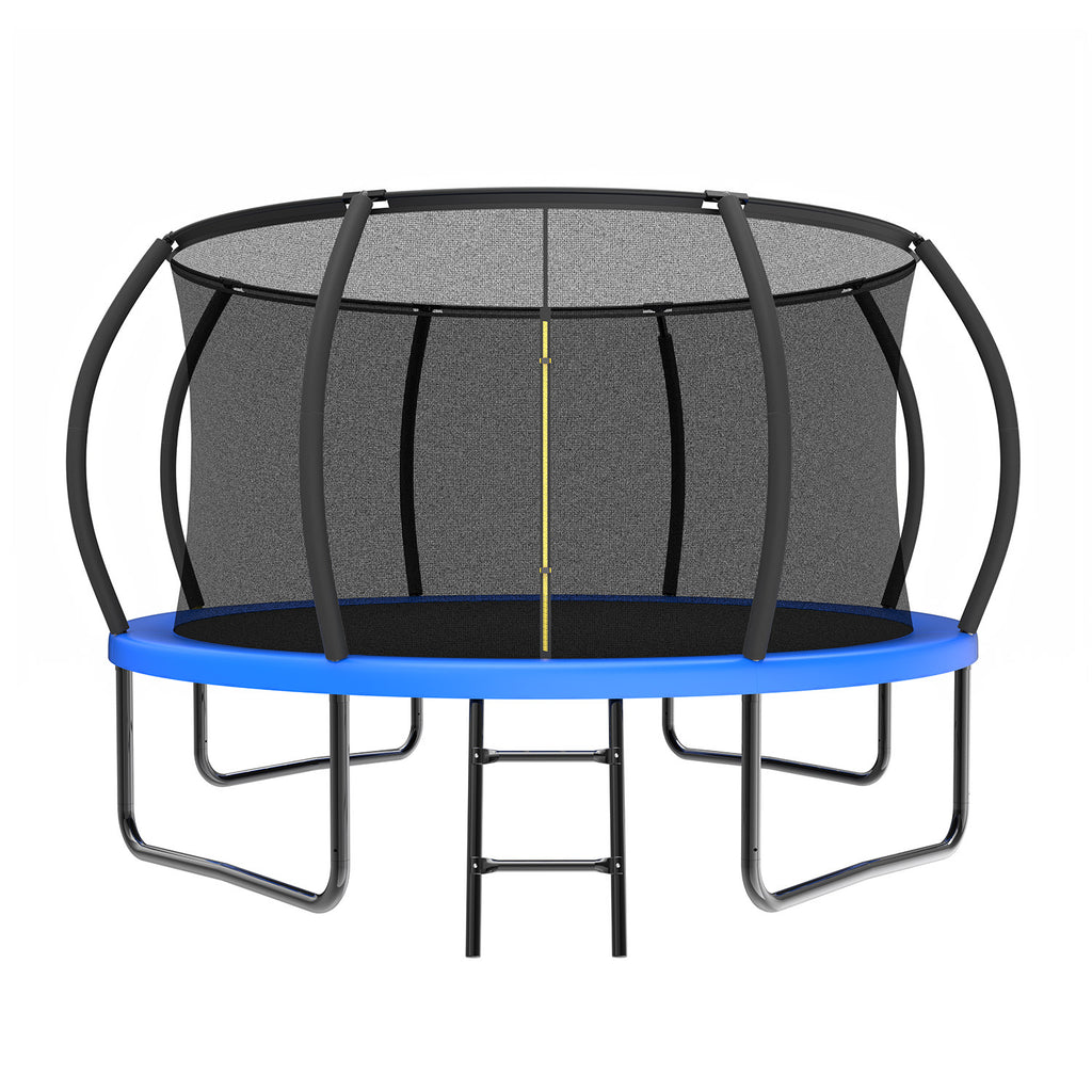 Blue 12-foot pumpkin-shaped trampoline with basketball hoop — front view