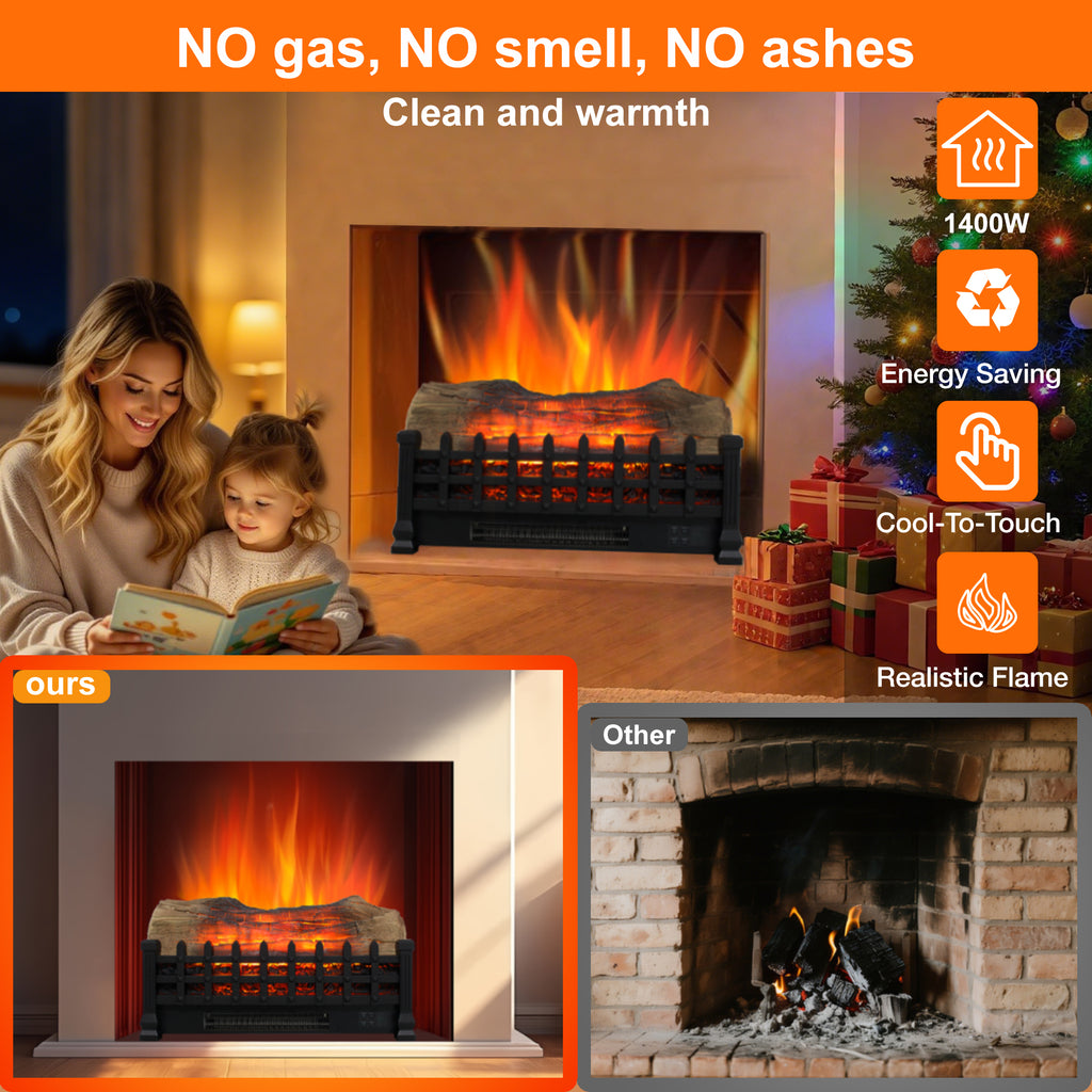 Antique black 3D log electric fireplace insert full product display