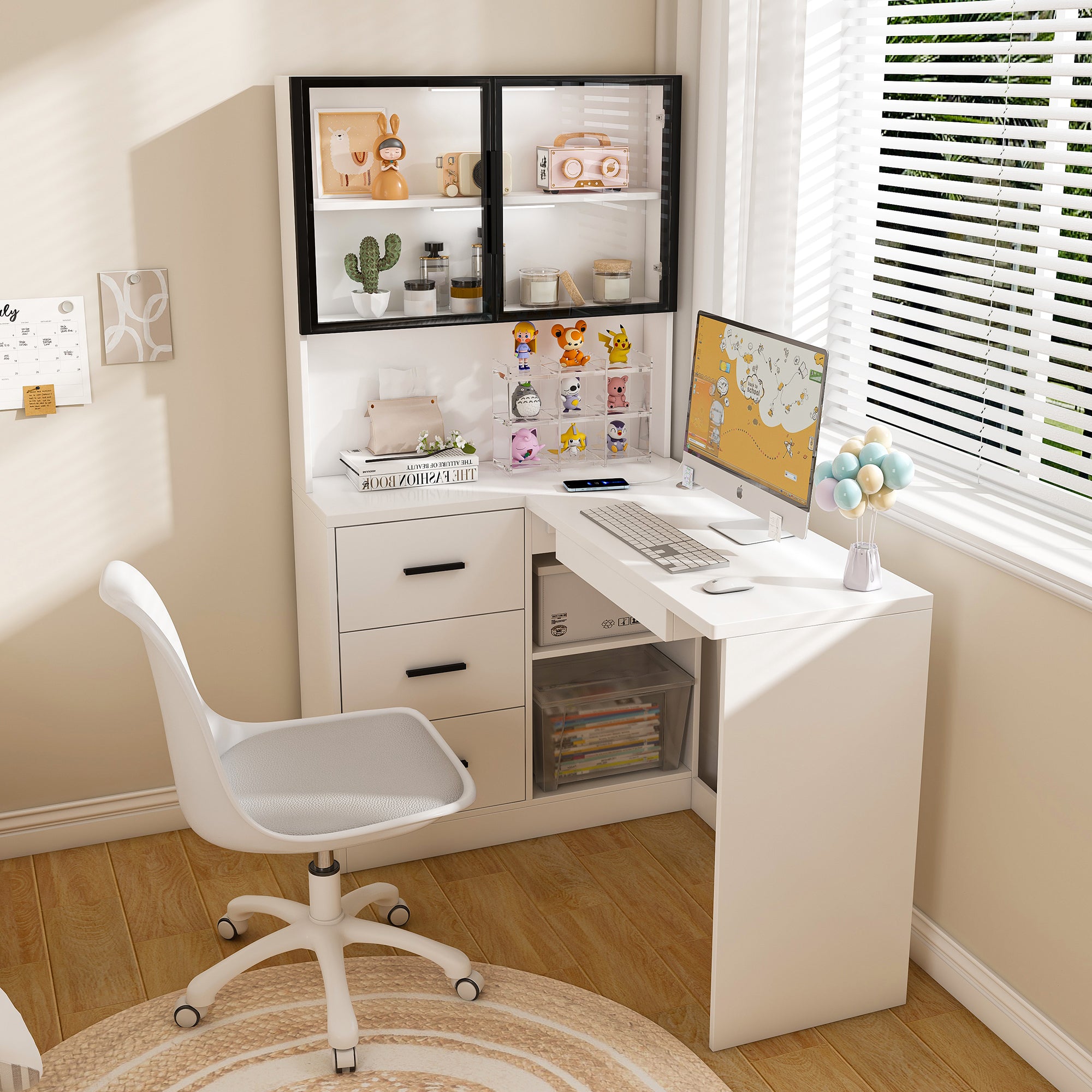 Glass cabinet LED accent lighting on white L-shaped desk
