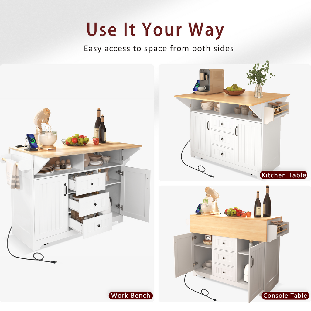 K&K 55.7'' Large Kitchen Island with 2 Drop Leaf,, Rolling Kitchen Cart on 5 Wheels with Power Outlet, Folding Storage Dining Table with Spice & Towel Rack , 3 Drawers, for Kitchen, Dining Room,Black