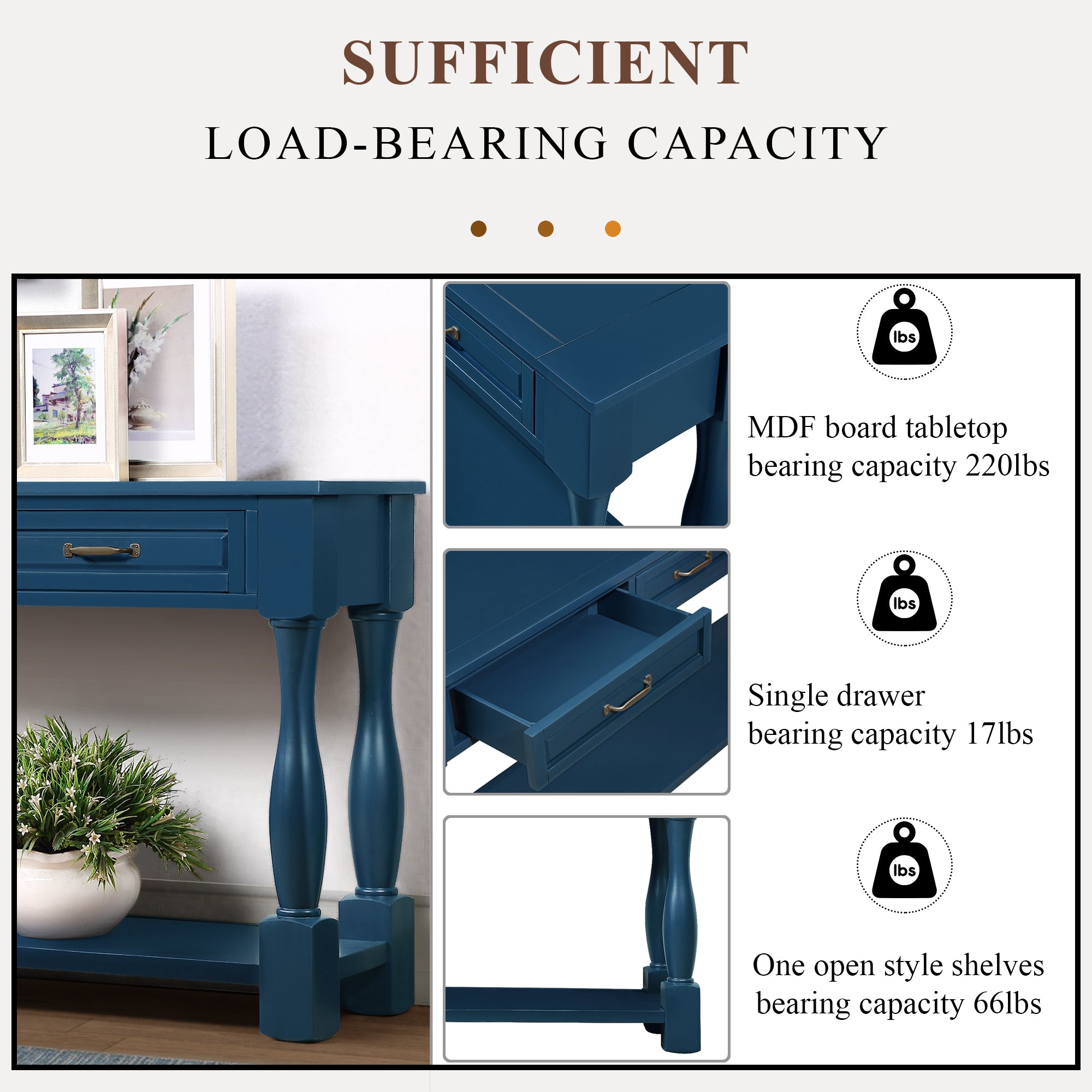 Long tabletop console table behind sofa