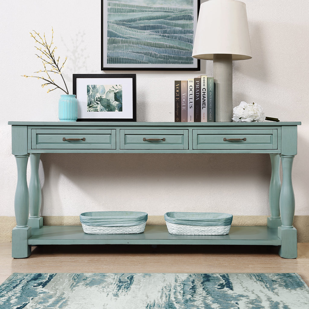 Retro blue wood console table with 3 drawers — front view