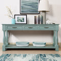 Retro blue wood console table with 3 drawers — front view