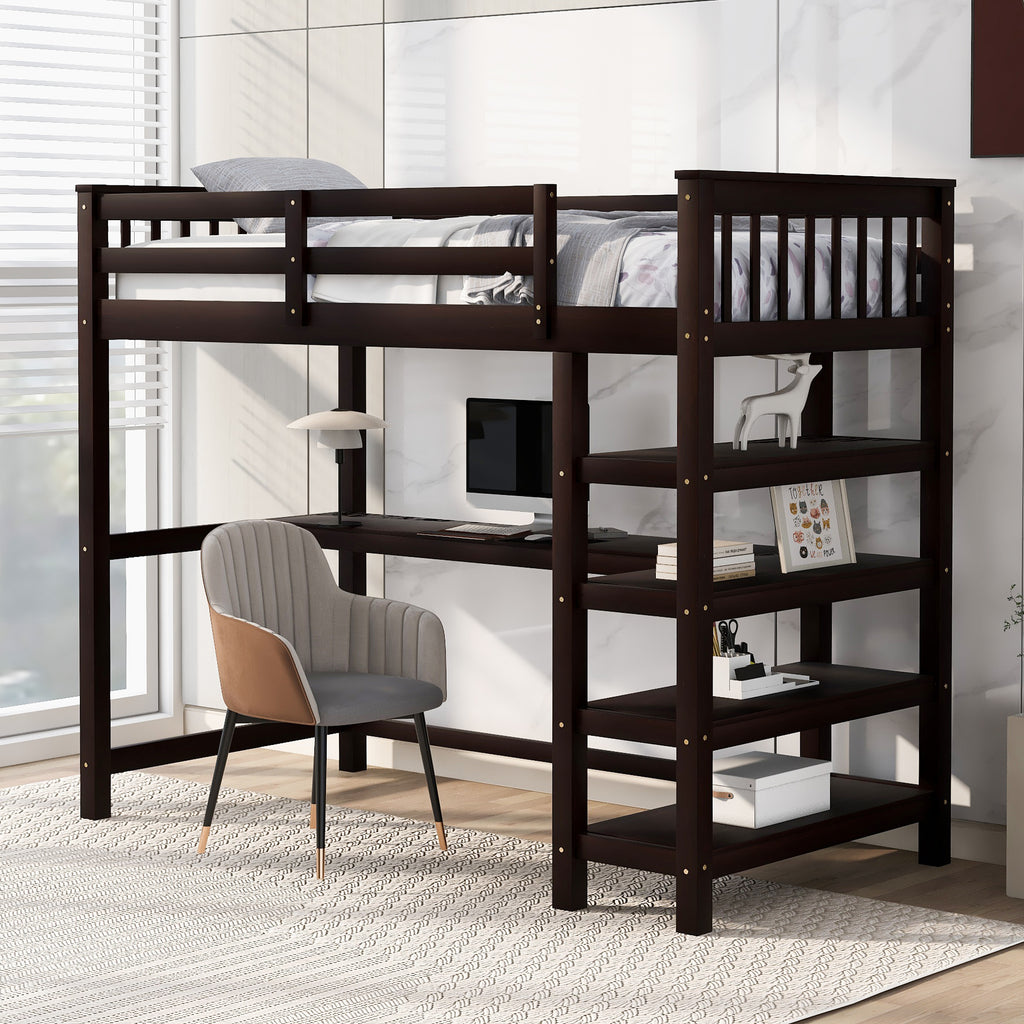 Twin loft bed elevated sleeping area with guardrails