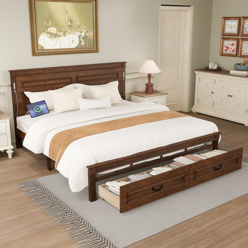 King Size Bed with Tall-Panel Headboard & Footboard, 2 Storage Drawers, Built-in LED Lights, USB Charging Station, Pinewood Bed with Strengthened Bed Frame ,White