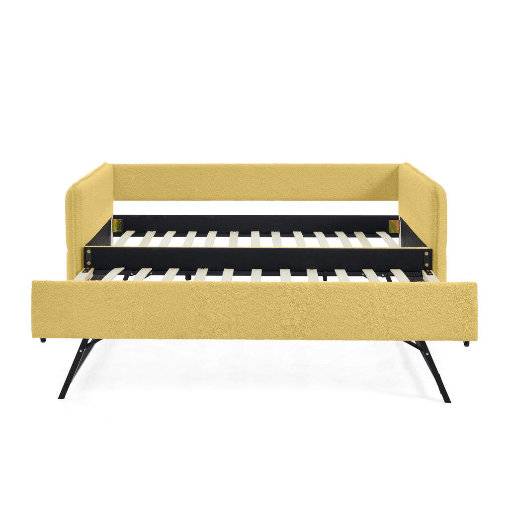 Upholstered Tufted Daybed with Twin Pop-up Trundle, Yellow Boucle Fabric, 83''x43''x29.5''