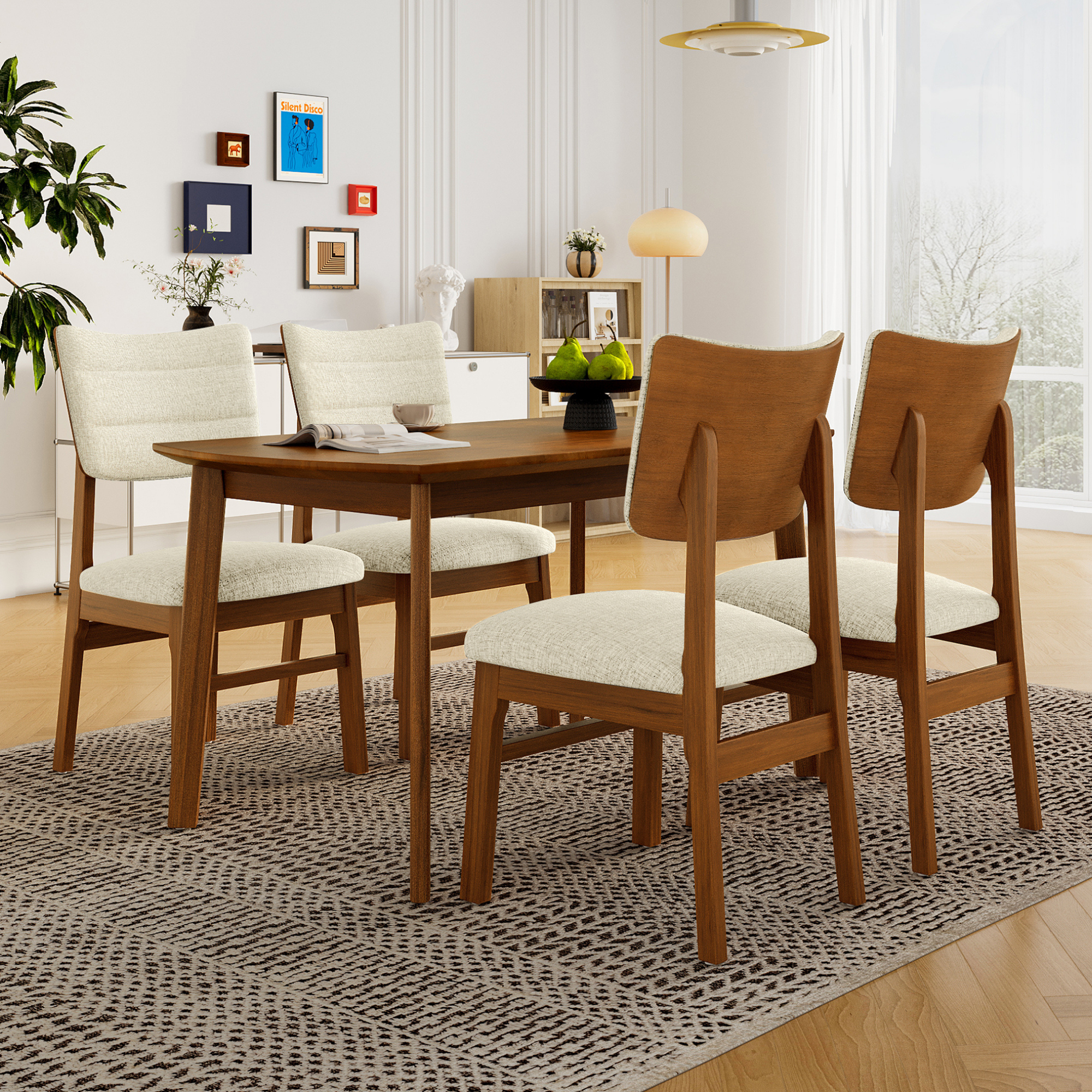 Farmhouse Dining Table Set for 4, Wood Kitchen Table & 4 Upholstered Chairs with Sturdy Rubber Wood Frame, Padded Seat, Curved Backrest, Space-Saving Dinette Set for Dining Room, Brown+Gray