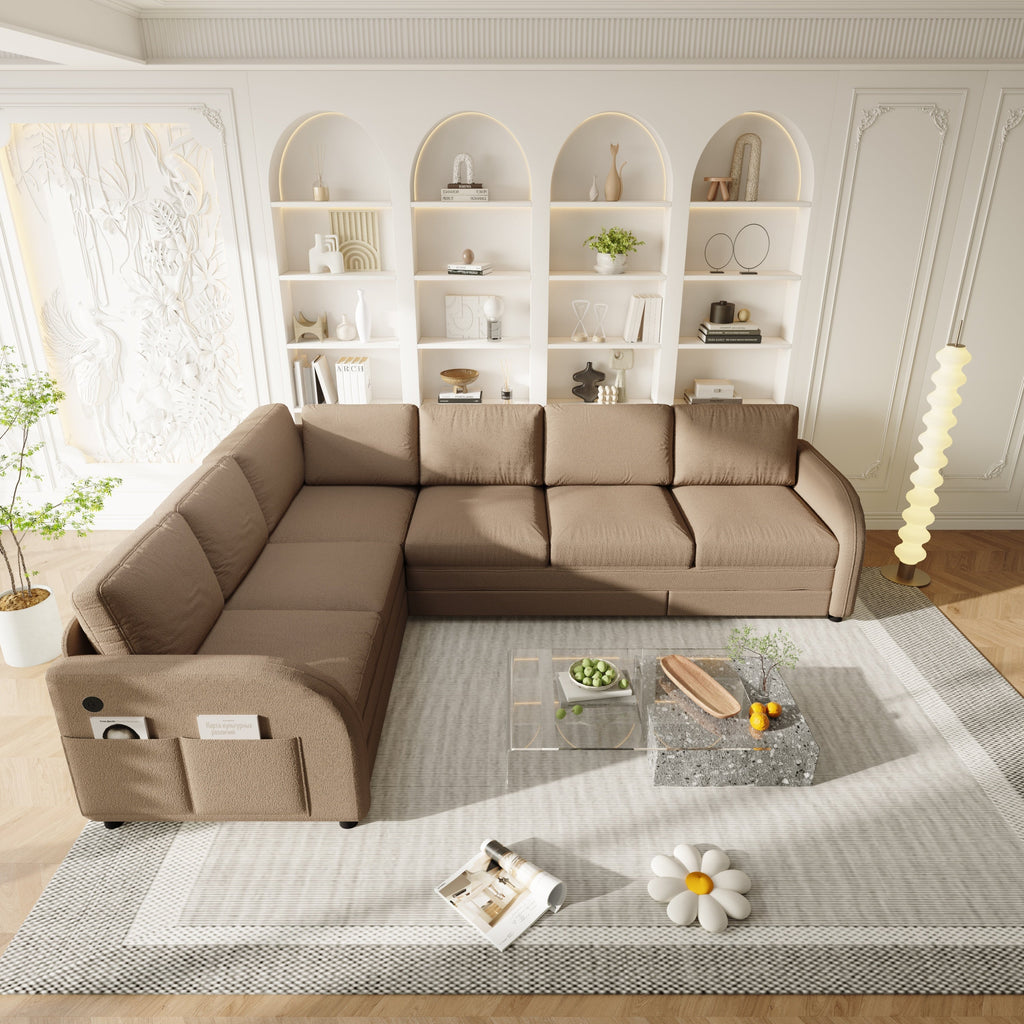 115.2' L-Shaped Sofa Couch with Pull-Out Bed,Oversize Convertible Sleeper Sofa with side Pocket & USB Port,Teddy Upholstered Sectional Couches with Convert Left/Right Facing, Light Grey