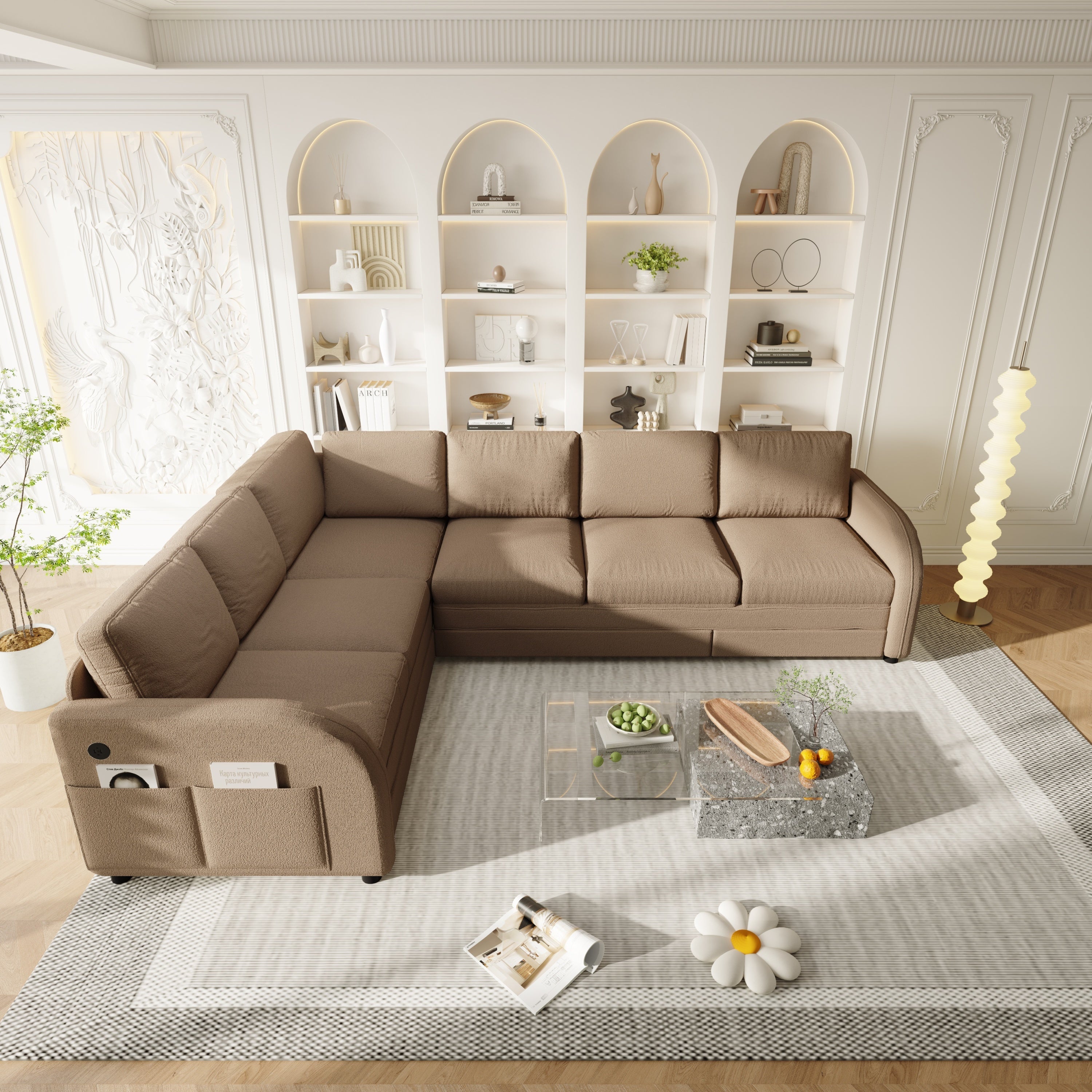 115.2' L-Shaped Sofa Couch with Pull-Out Bed,Oversize Convertible Sleeper Sofa with side Pocket & USB Port,Teddy Upholstered Sectional Couches with Convert Left/Right Facing, Light Grey
