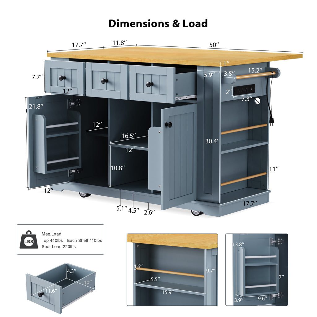 K&K 53inch Large Kitchen Island with Drop Leaf,Power Outlet,Door Internal Storage Rack,Rolling Kitchen Cart on 5 Wheels with 5 Open Side Racks for Kitchen,Black(Two Packages)(Stools not included)