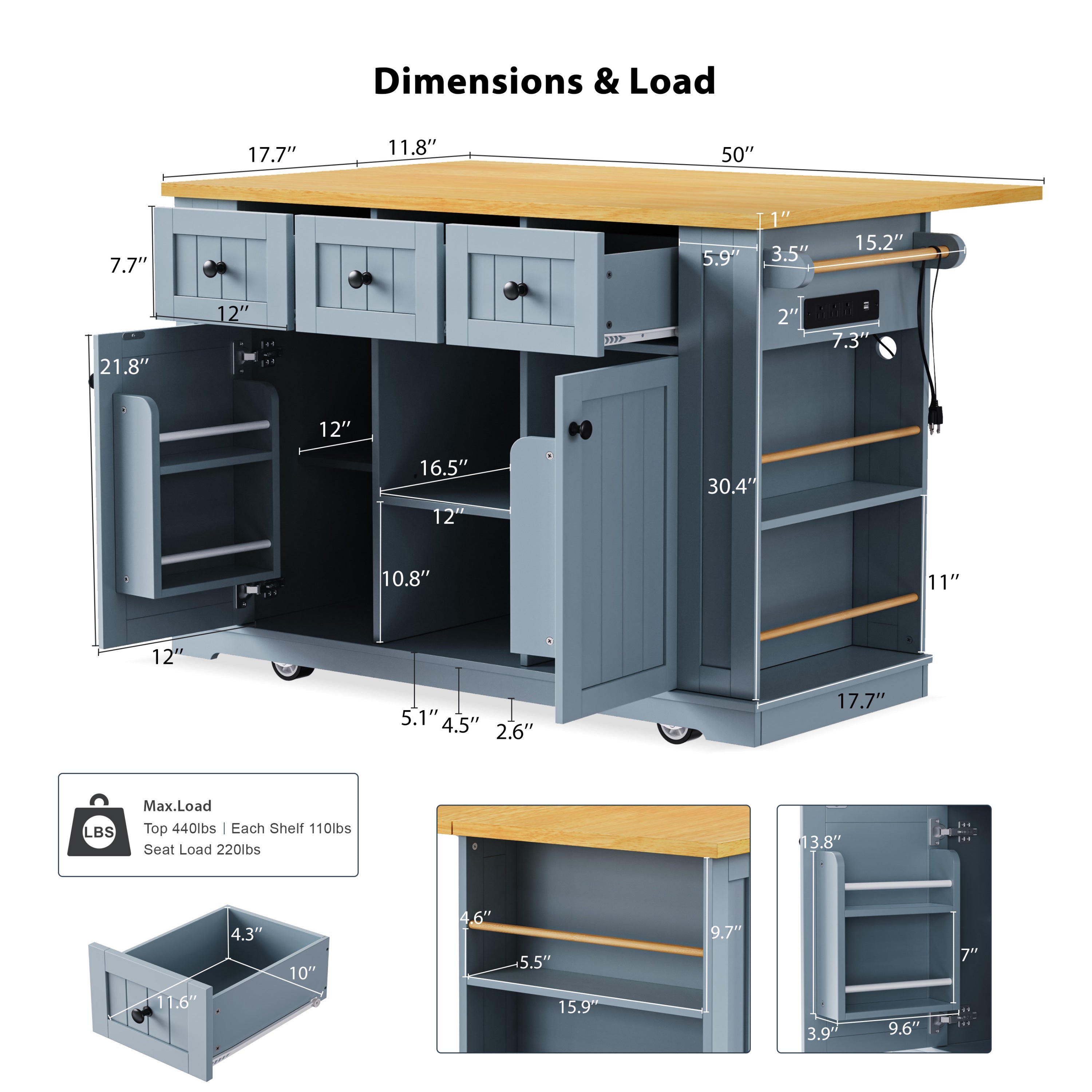 K&K 53inch Large Kitchen Island with Drop Leaf,Power Outlet,Door Internal Storage Rack,Rolling Kitchen Cart on 5 Wheels with 5 Open Side Racks for Kitchen,Black(Two Packages)(Stools not included)