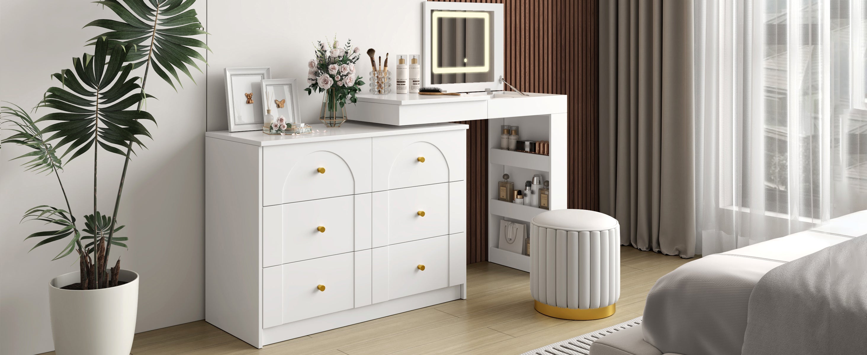 Vanity Desk with Mirror and Lights, Makeup Vanity Table with Flip-Top Tabletop and Storage 7 Drawers, 9 Compartments, 3 Shelves, 3 Color Modes Adjustable Makeup Table for Bedroom, Walnut (N733P279096)