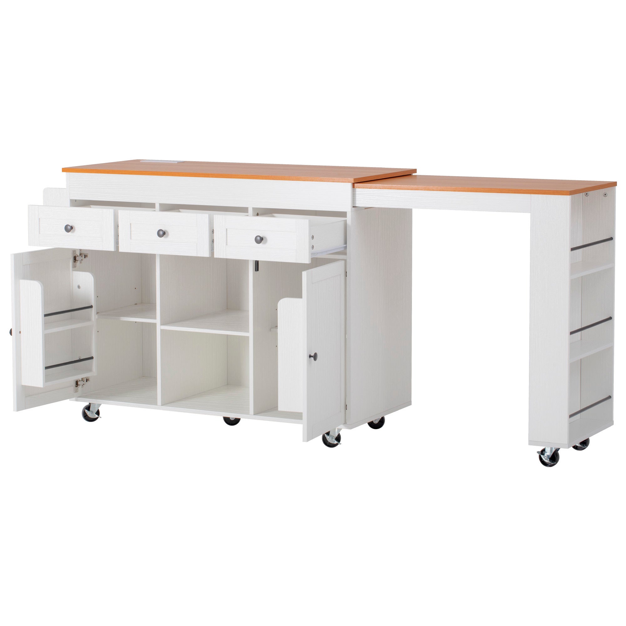 K&K 85.5' Kitchen Island with Extendable Dining Table, Kitchen Storage Table with 3 Side Open Shelves, Rolling Kitchen Island with Power Outlet, 3 Drawers, 2 Doors, for Kitchen, Dining Room, Black