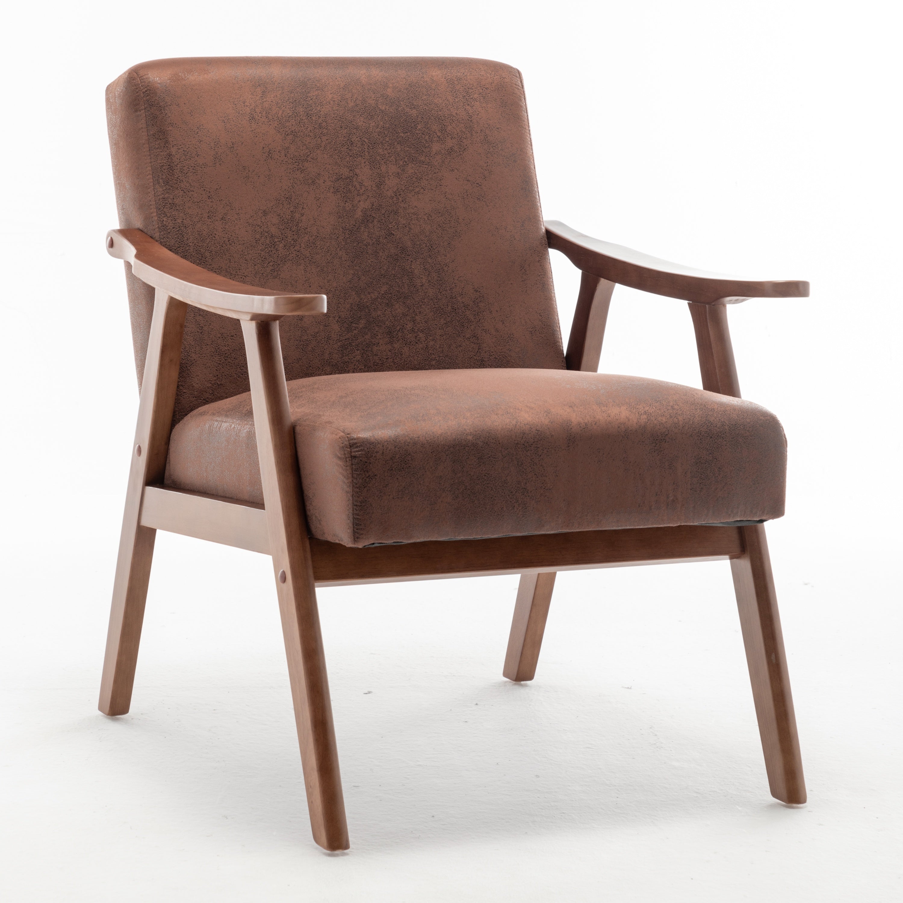 Brown mid-century wingback accent chair — front view