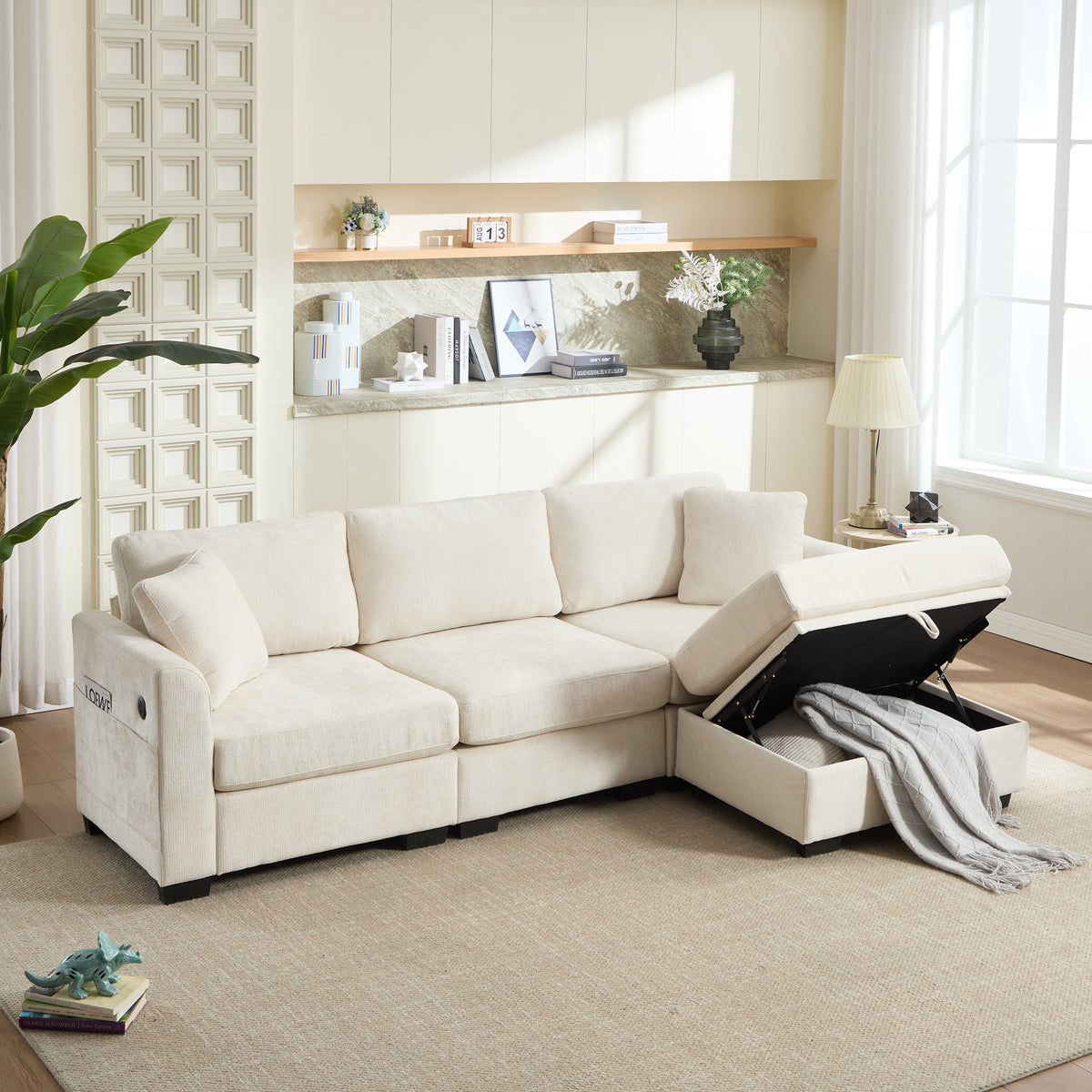 Modern Storage Sofa with Dual USB, 2 Side Pockets,Ottoman Storage Bench Cloud Sectional Chenille Sofa Oversized,4-Seat, L-Shaped Couch,Black