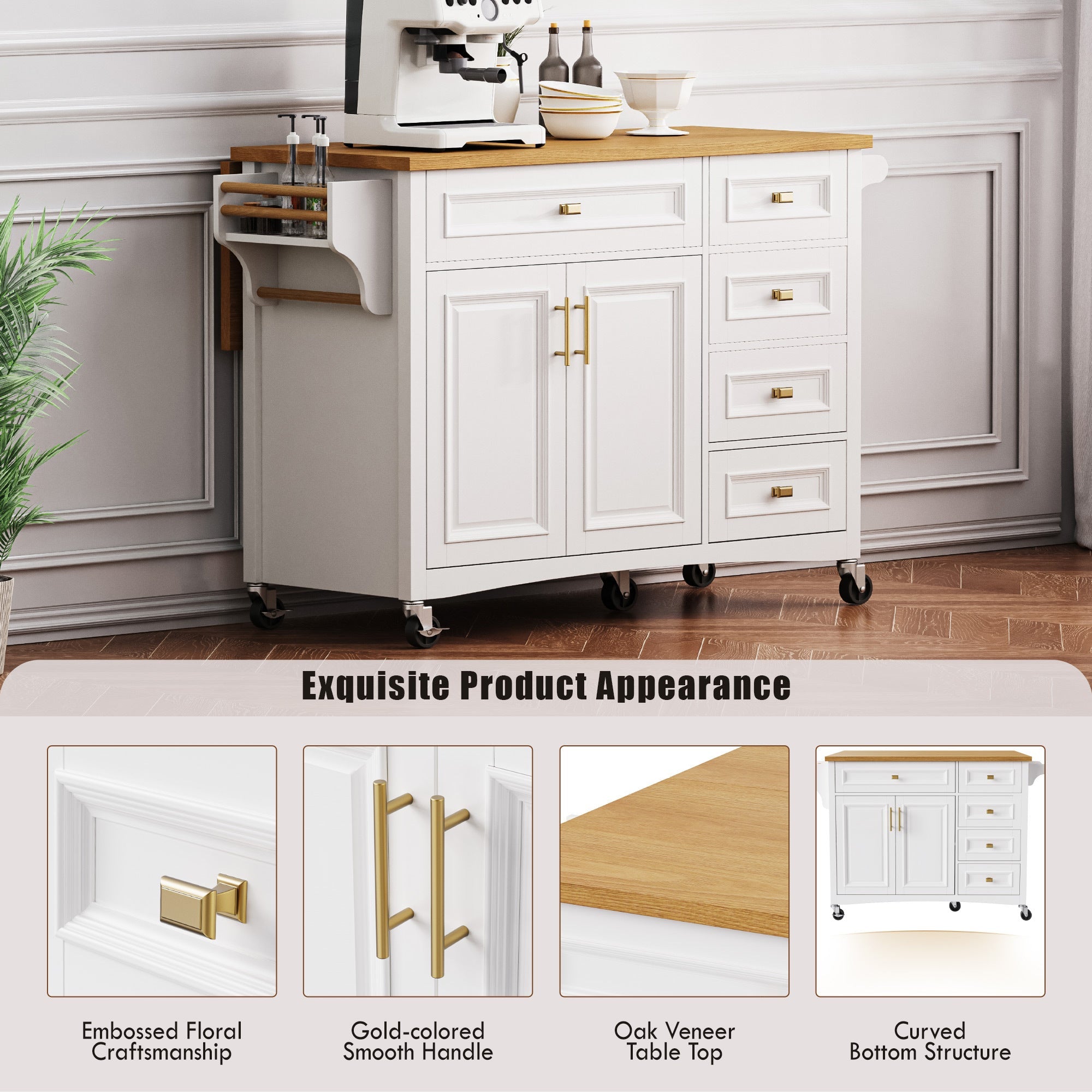 K&K 52'' Kitchen Island with Drop Leaf, Embossed Texture Kitchen Island on Wheels with Spice Rack, Towel Rack, 2 Doors and 5 Drawers, Kitchen Storage Cart with Adjustable Shelf for Kitchen, Blue Grey