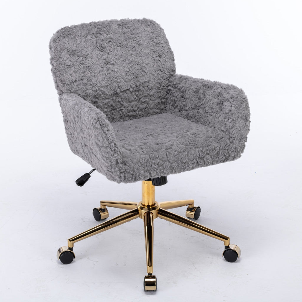 Faux Fur Office Chair — 40° Reclining with Gold Metal Base & Wheels