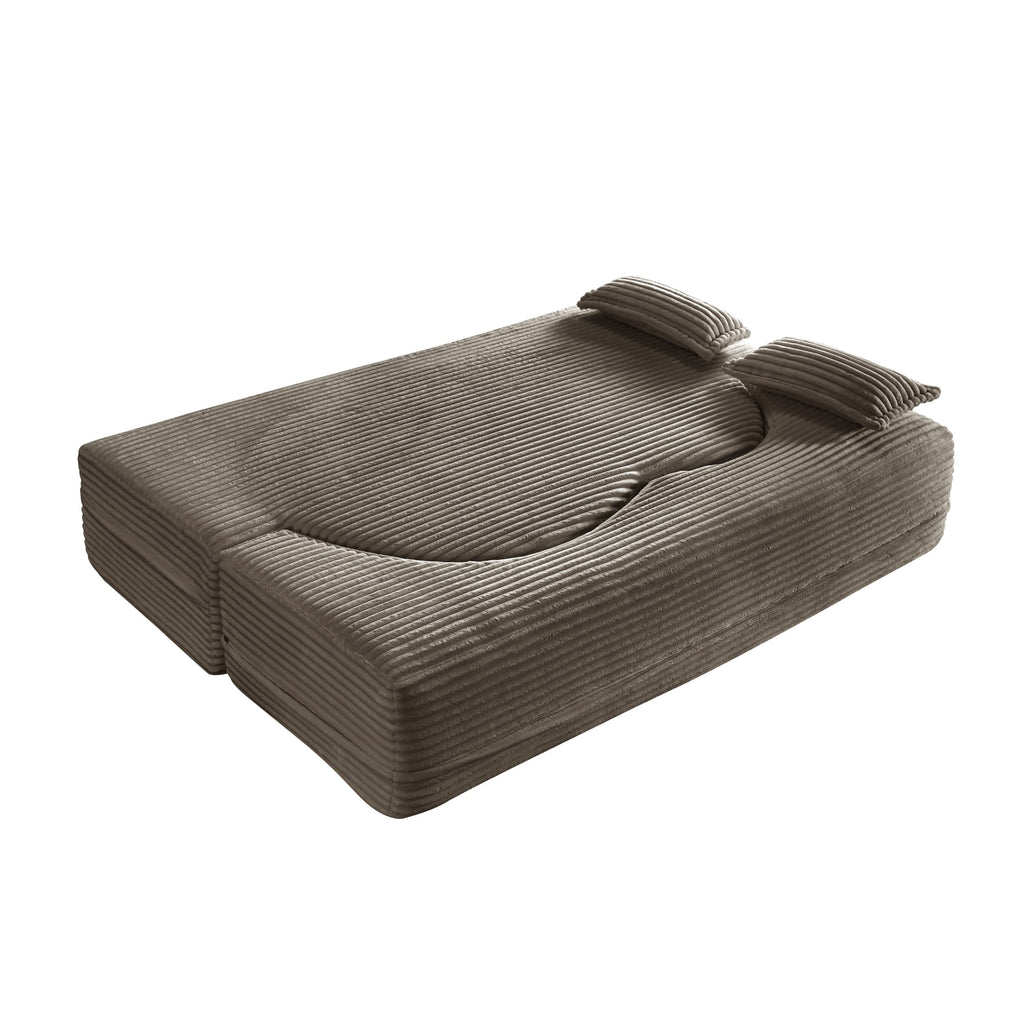 Modern Floor Sofa with 2 Pillows, Convertible Plush Corduroy Foam-Filled Sleeper Sofa Bed,15 ' Full Size Folding Mattress for Living Room, Guest Bed, no assembly required, Light Grey