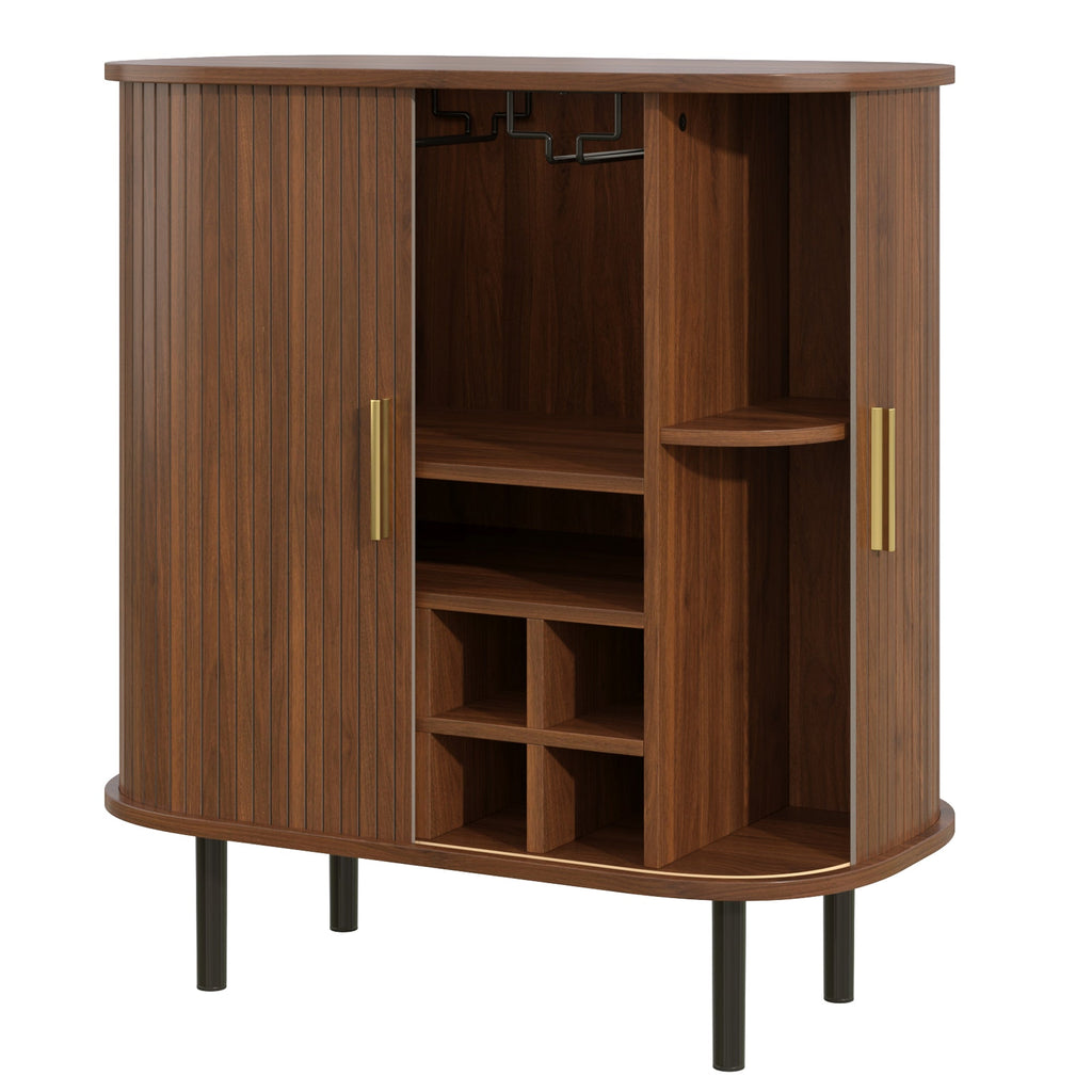 28' Fluted Wine Bar Cabinet with 8-Grid Wine Rack, 5-Level Adjustable Shelves, 2 Glass Holders, Smoothly Sliding Tambour Doors, 4 Hidden Storage Space on the Side, Modern Liquor Coffee Station, Black