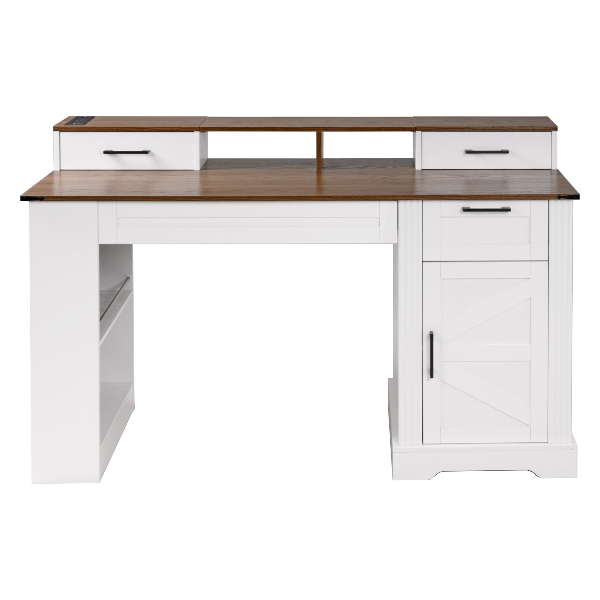 White farmhouse office desk with barn door design — front view